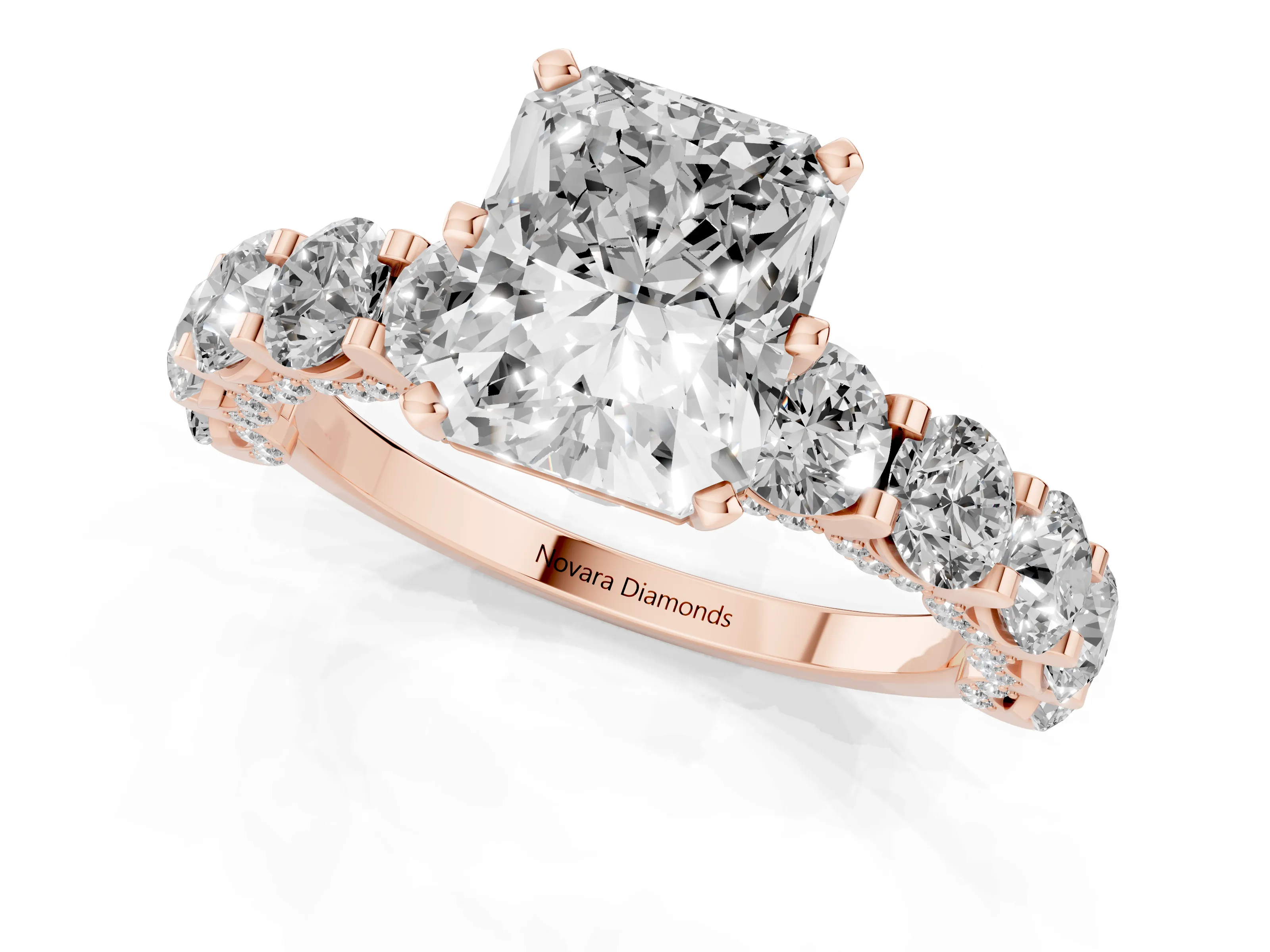 Radiant Cut Diamond Side Stone Ring Set in Rose gold with Alternating Round and Oval Side Stones – second view