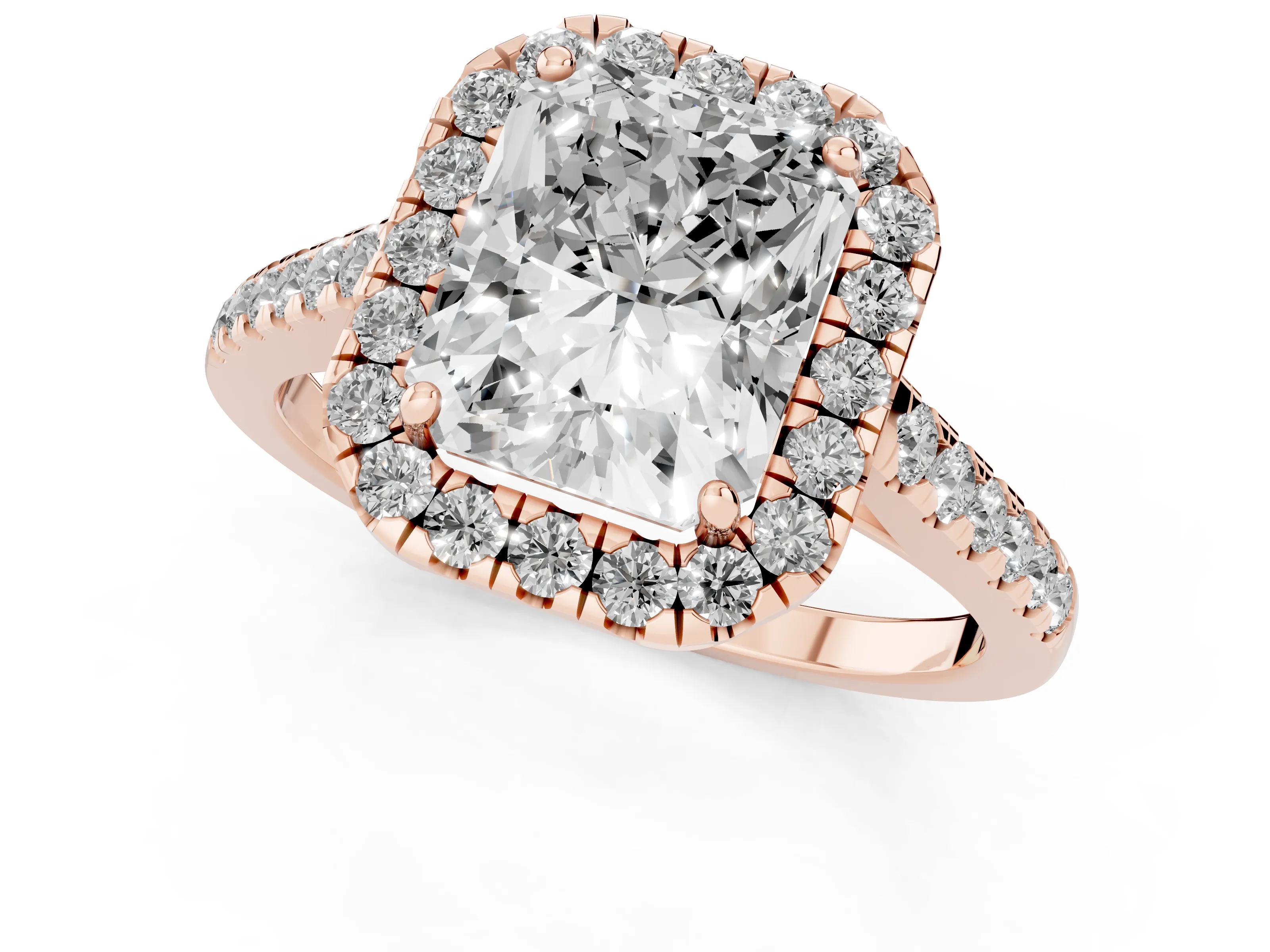 Radiant Cut Diamond Halo Pavé Engagement Ring Set in Rose gold with Prong Setting