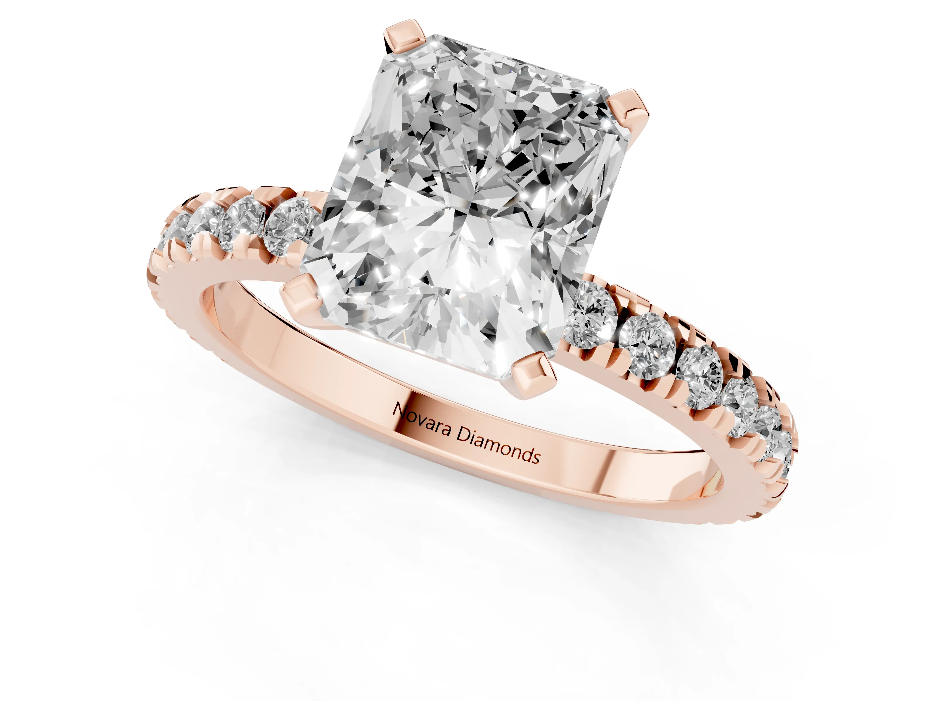 Radiant Cut Diamond Pavé Band Solitaire Set in Rose gold with Prong Setting