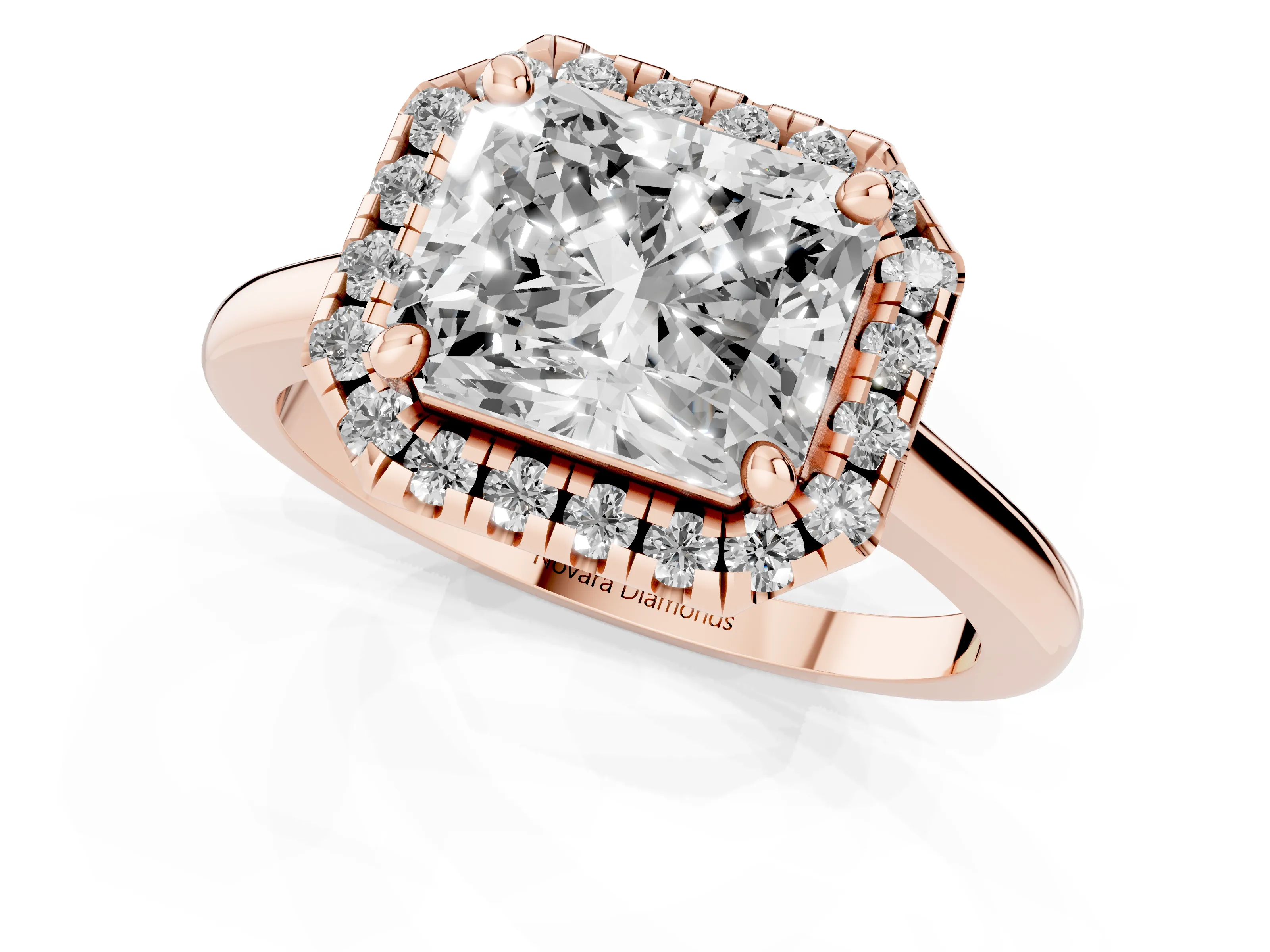 Radiant Cut Diamond Halo Engagement Ring Set in Rose gold with Pavé Band and Rising Shoulders