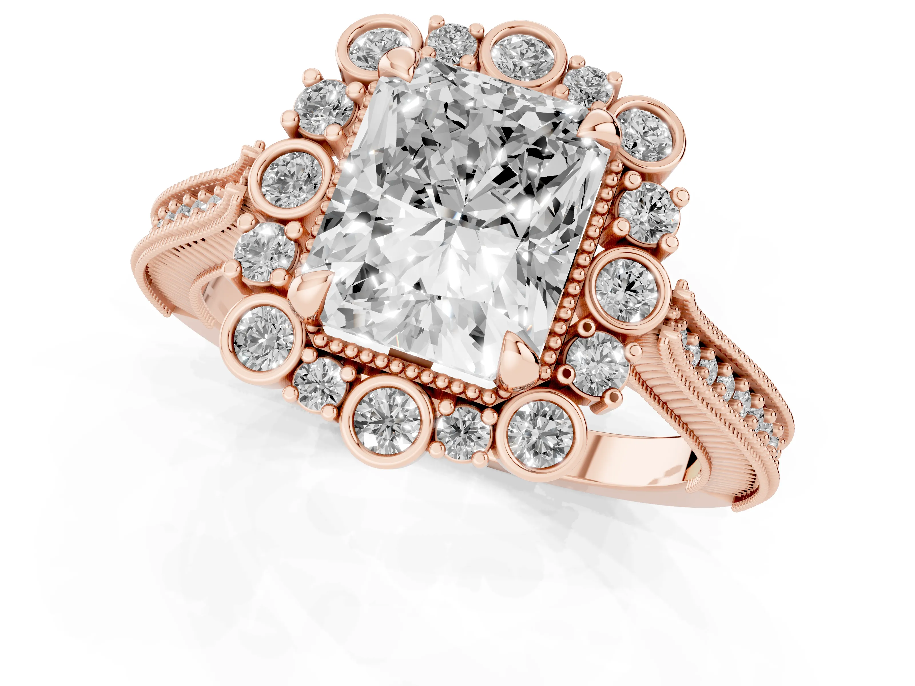 Radiant Cut Diamond Halo Milgrain Pavé Ring Set in Rose gold with Prong Setting – second view