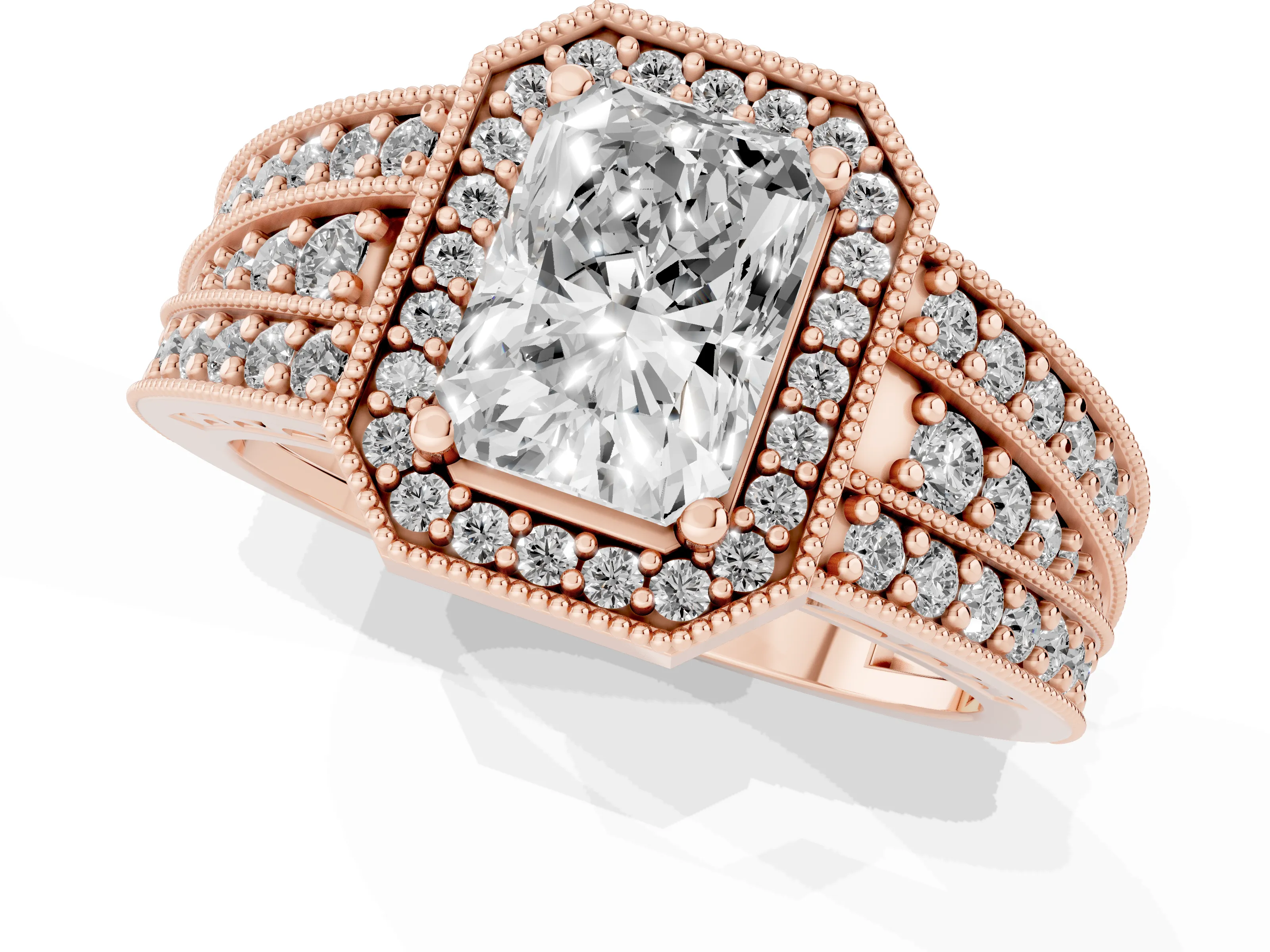 Radiant Cut Diamond Halo Ring Set in Rose gold with Accent Split Shank and Prong Setting