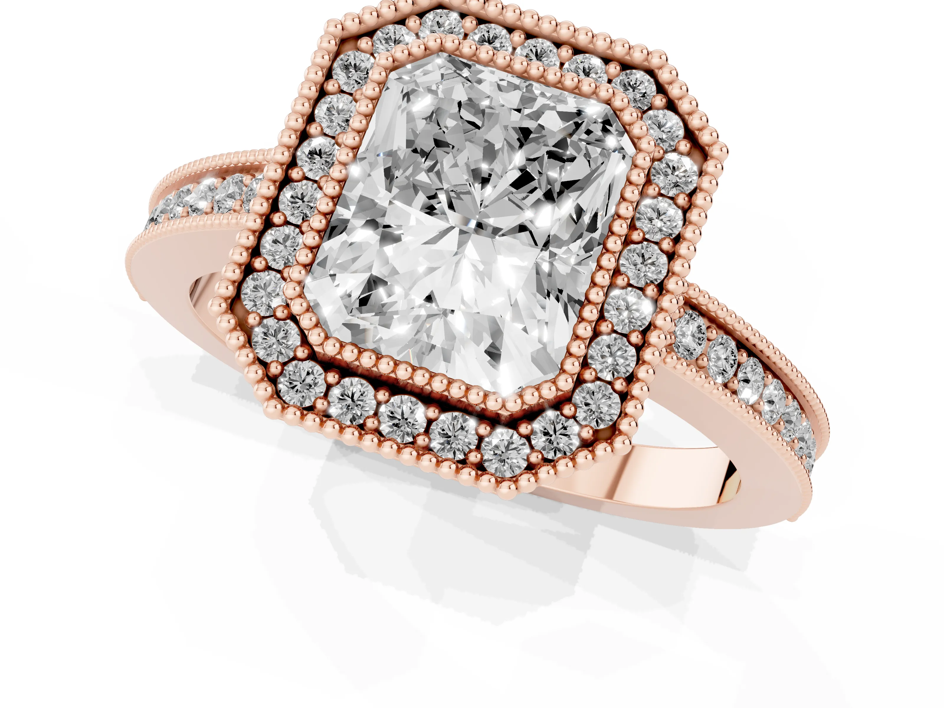 Radiant Cut Diamond Halo Ring Set in Rose gold with Pavé Band and Milgrain-Edged Prongs