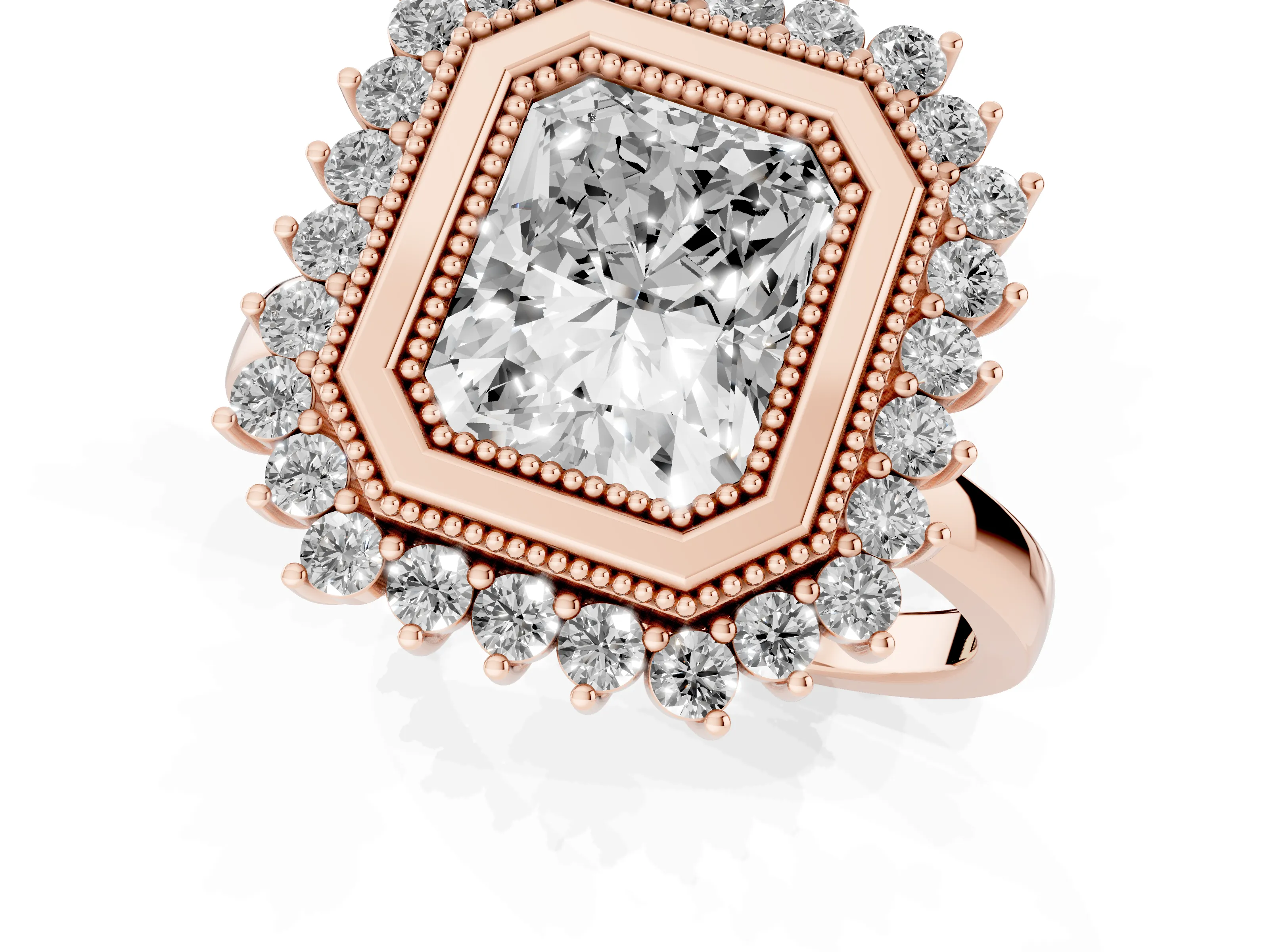 Radiant Cut Diamond Halo Ring Set in Rose gold with Milgrain Edge and Round Prong Setting