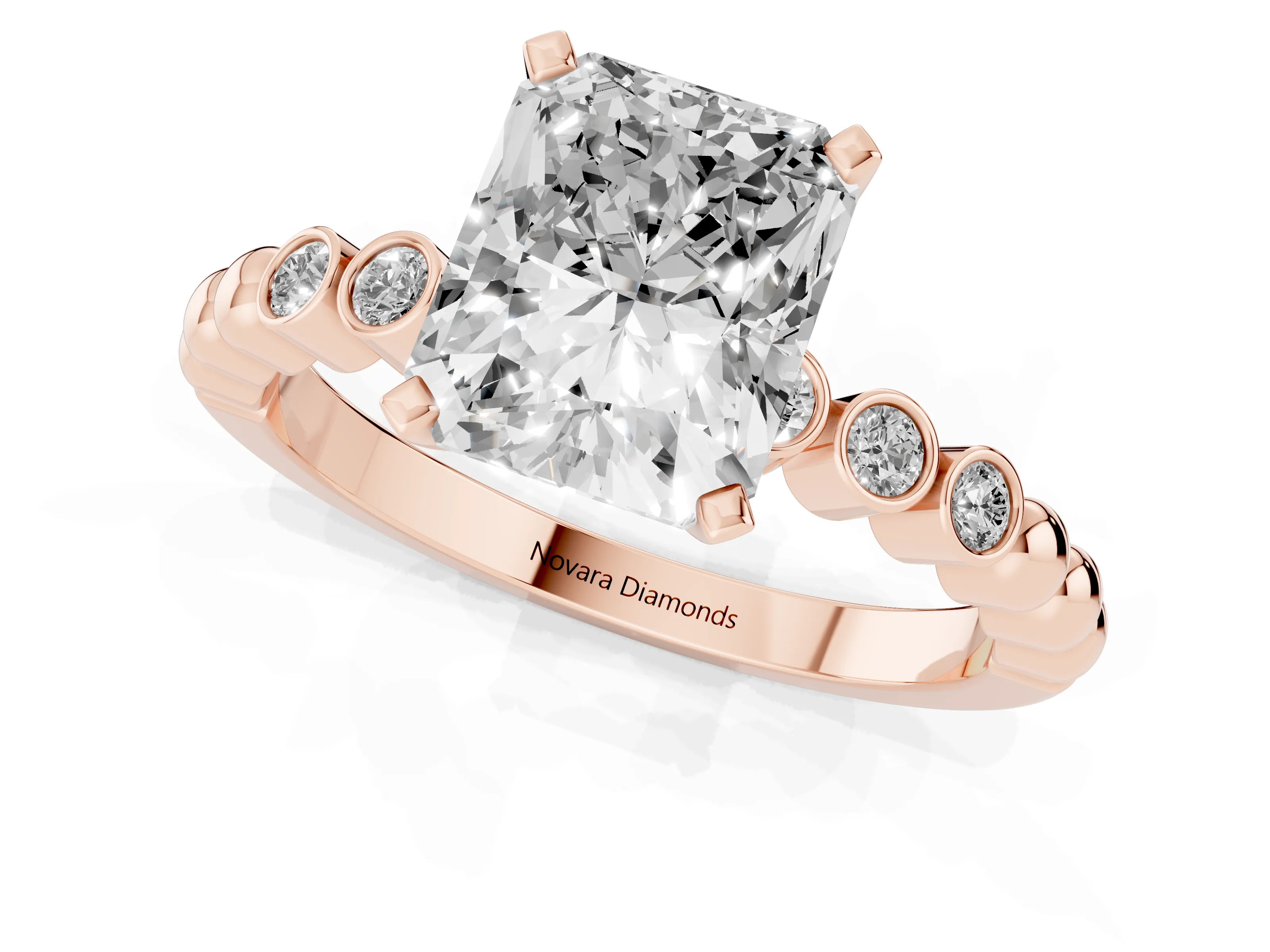 Radiant Cut Diamond Solitaire Engagement Ring Set in Rose gold with Bezel Accents on Beaded Band – second view
