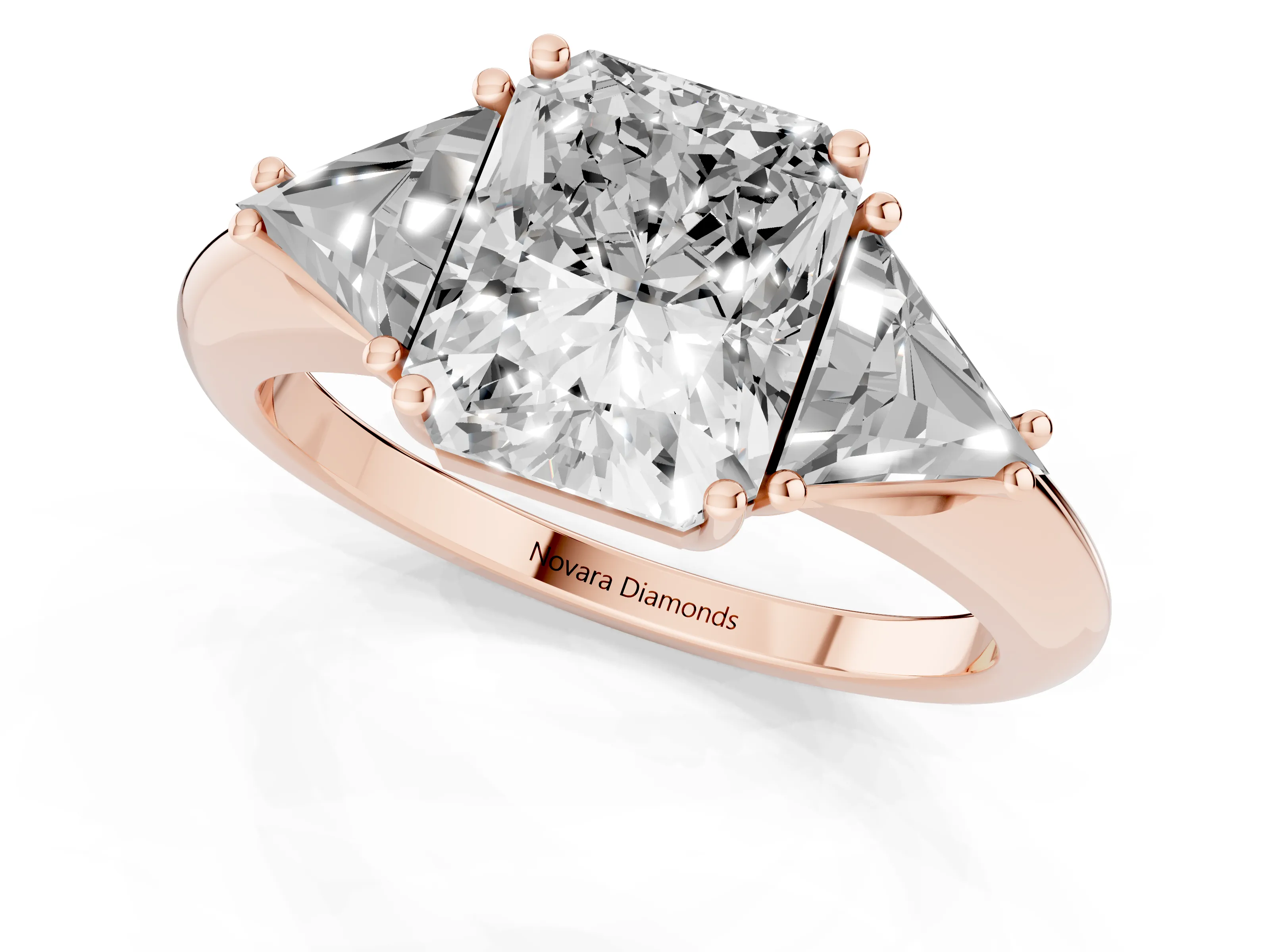 Radiant Cut Diamond Three-Stone Engagement Ring Set in Rose gold with Trillion Side Stones