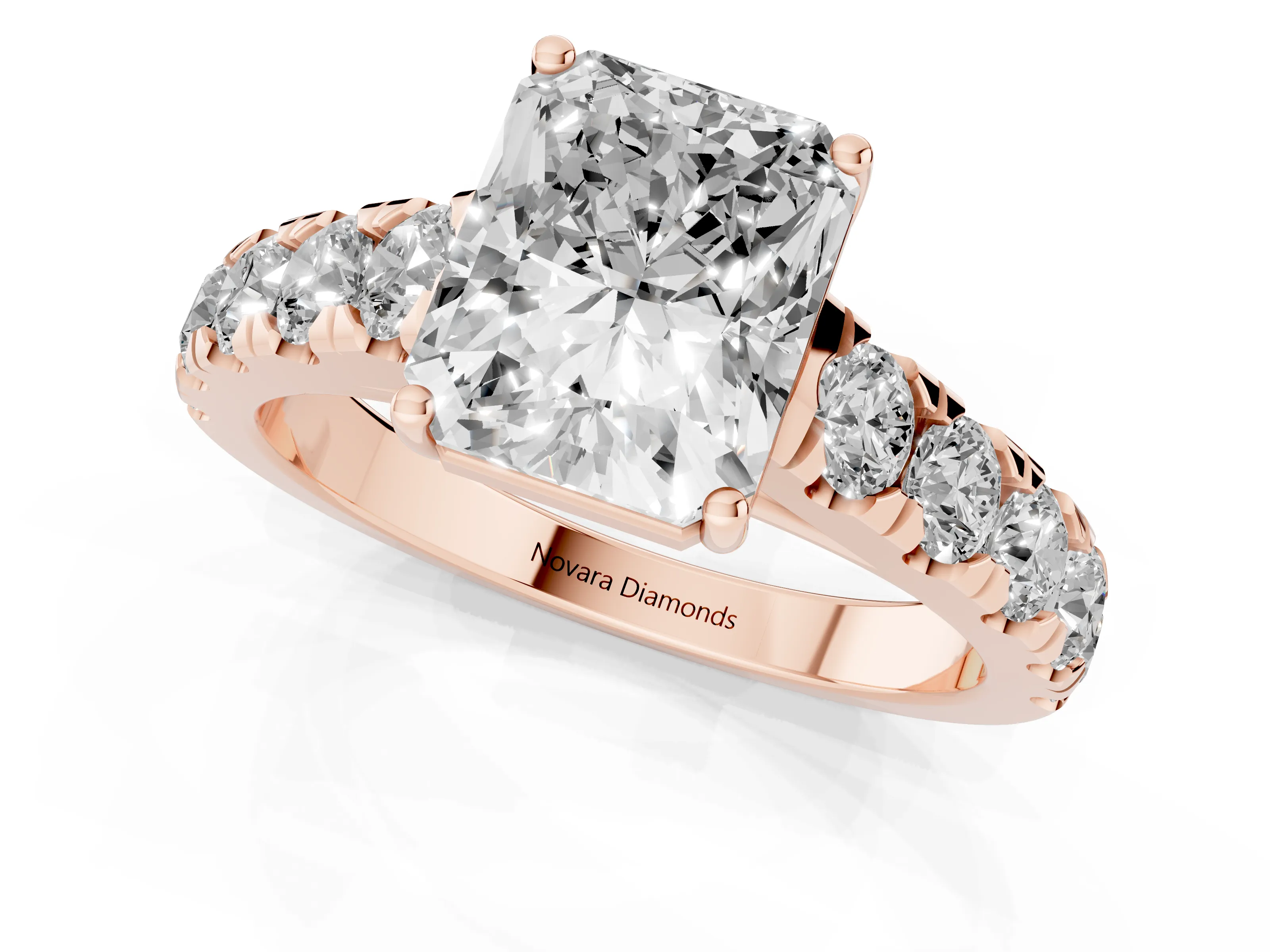 Radiant Cut Diamond Solitaire Ring Set in Rose gold with Cut-Down Micro Pavé Band and Prong Setting