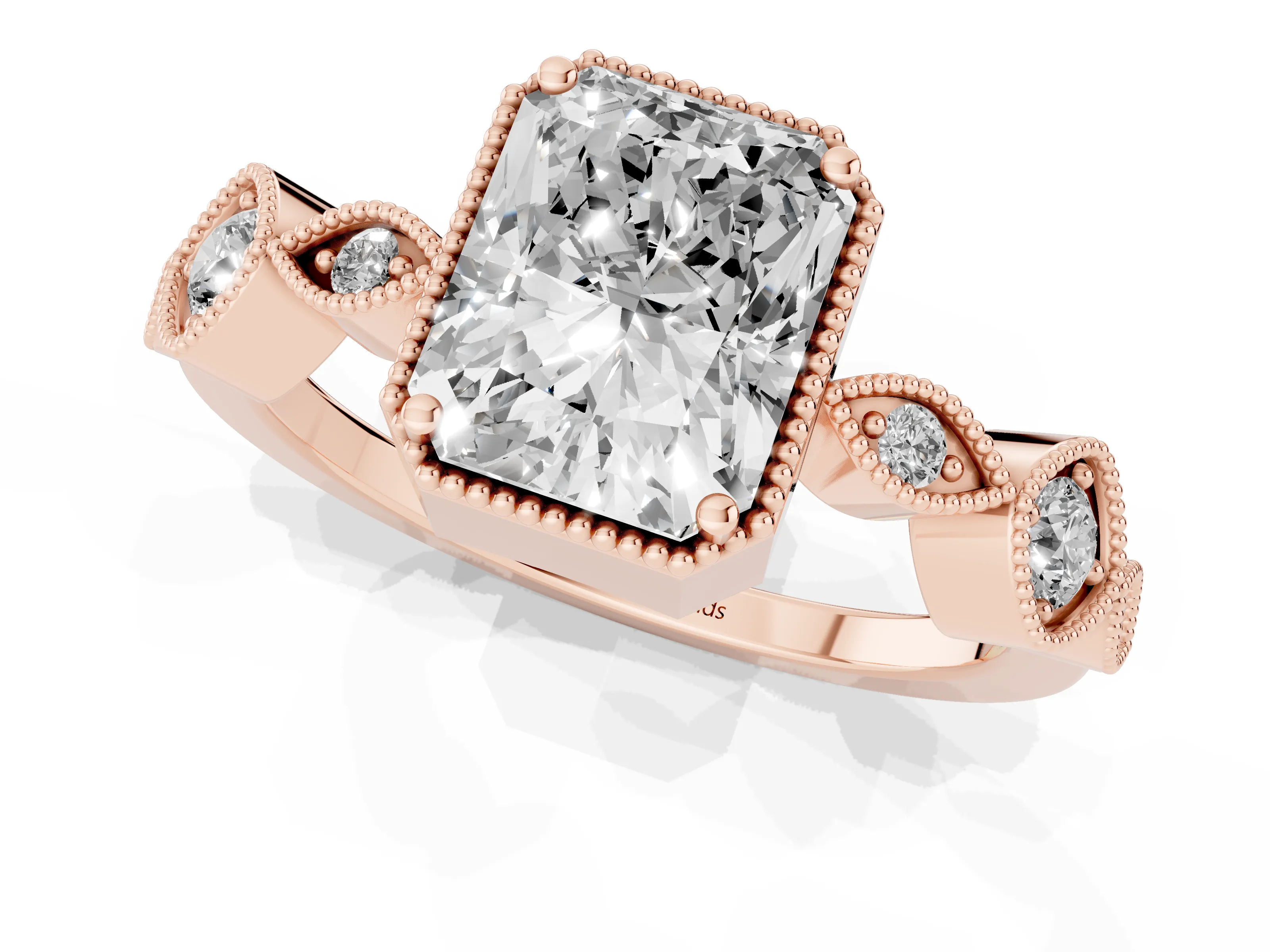 Radiant Cut Diamond Vintage-Inspired Milgrain Ring Set in Rose gold with Marquise Stations of Round Accents