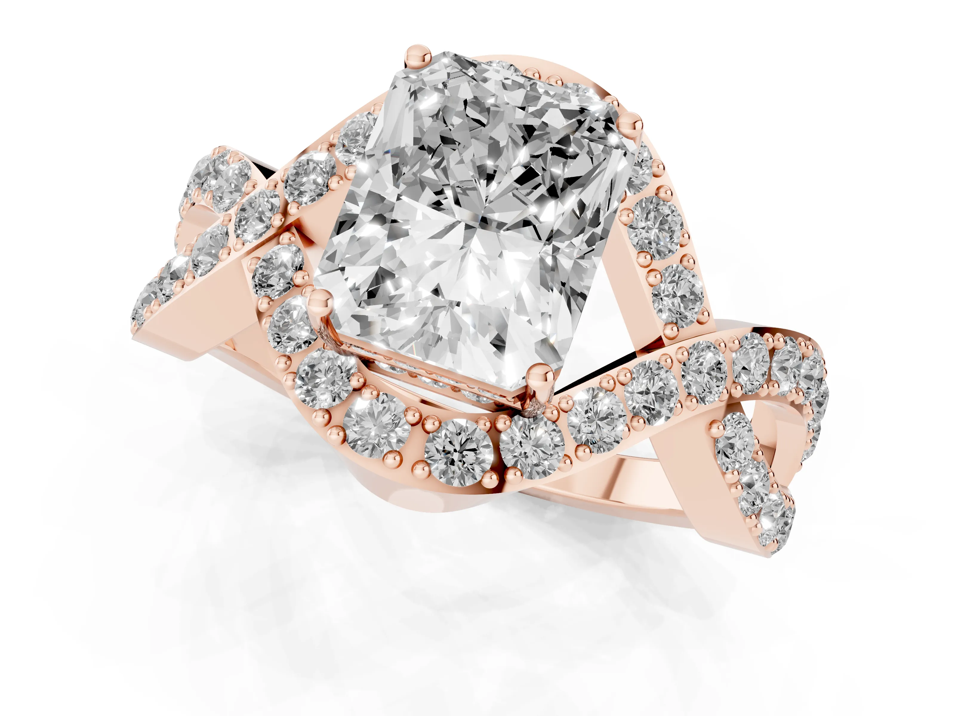 Radiant Cut Diamond Solitaire Twist Band Pavé Engagement Ring Set in Rose gold