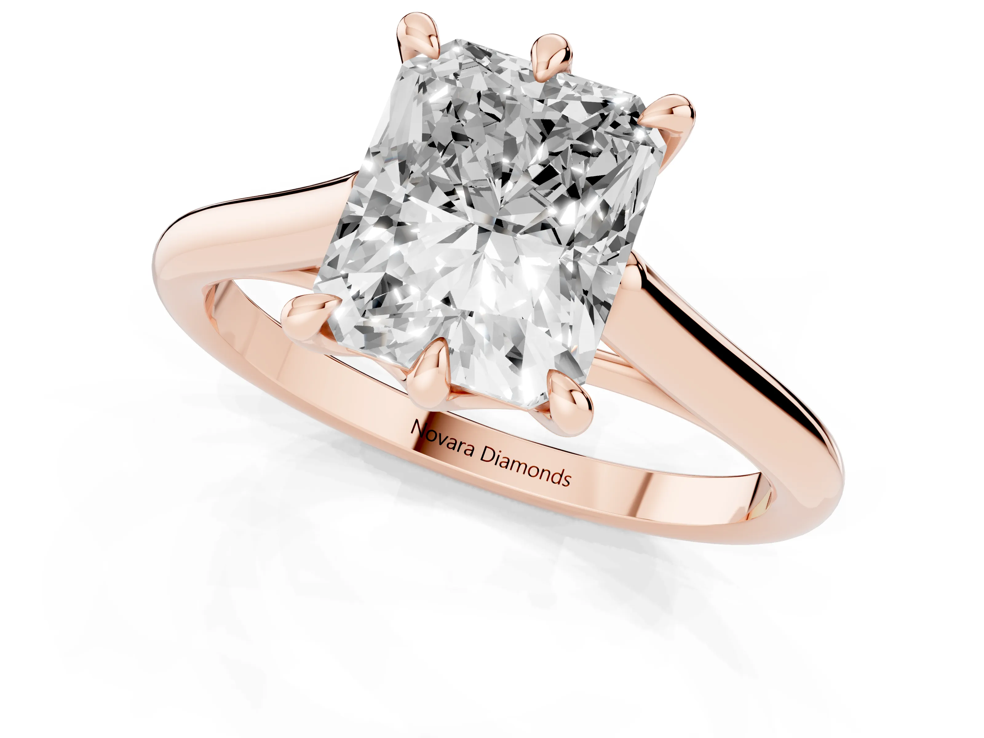 Radiant Cut Diamond Solitaire Engagement Ring Set in Rose gold with Prong Setting and Plain Classic Band