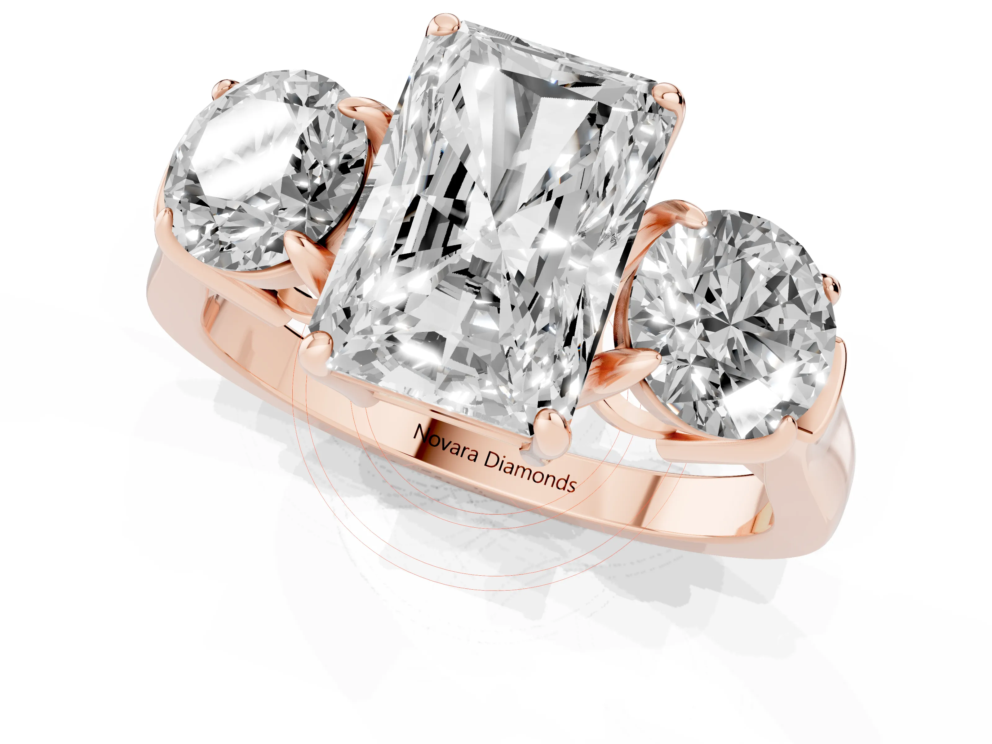 Radiant Cut Diamond Three-Stone Ring Set in Rose gold with Round Accent Stones and Plain Band