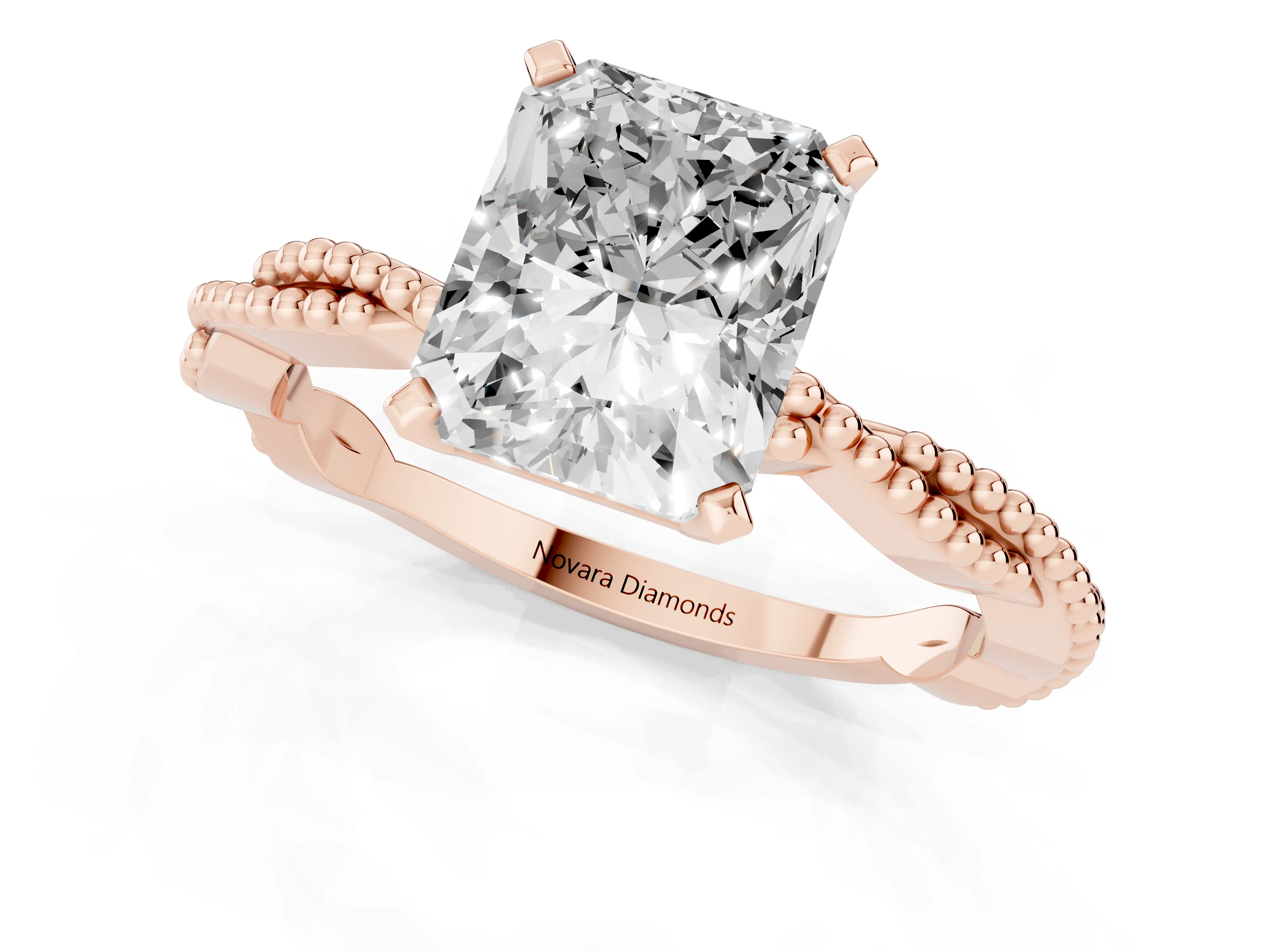 Radiant Cut Diamond Solitaire Ring Set in Rose gold with Twisted Band and Bead Prong Setting – second view