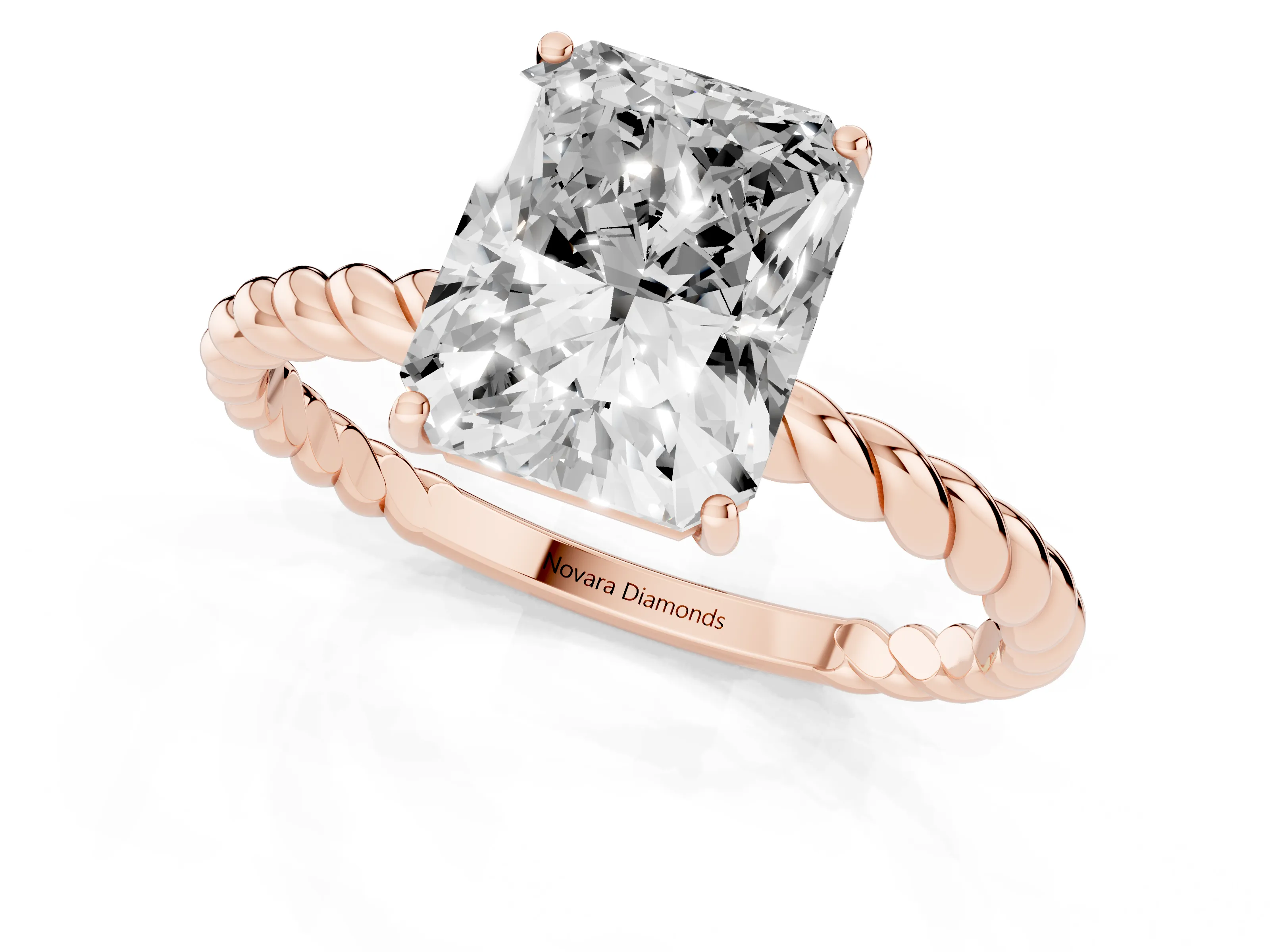 Radiant Cut Diamond Solitaire Ring Set in Rose gold with Twist Band and Prong Setting