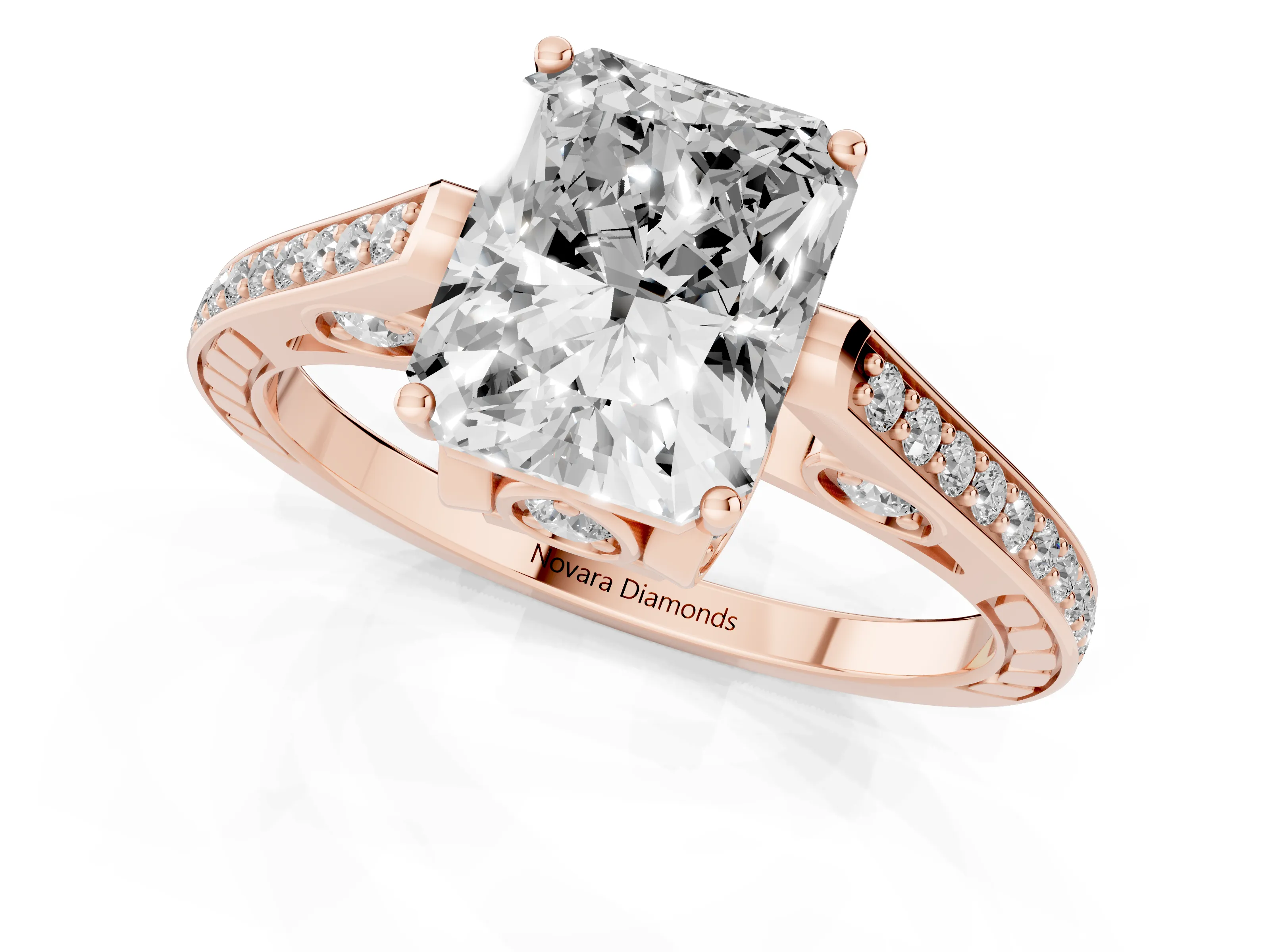 Radiant Cut Diamond Cathedral Pavé Engagement Ring Set in Rose gold with Prong Setting
