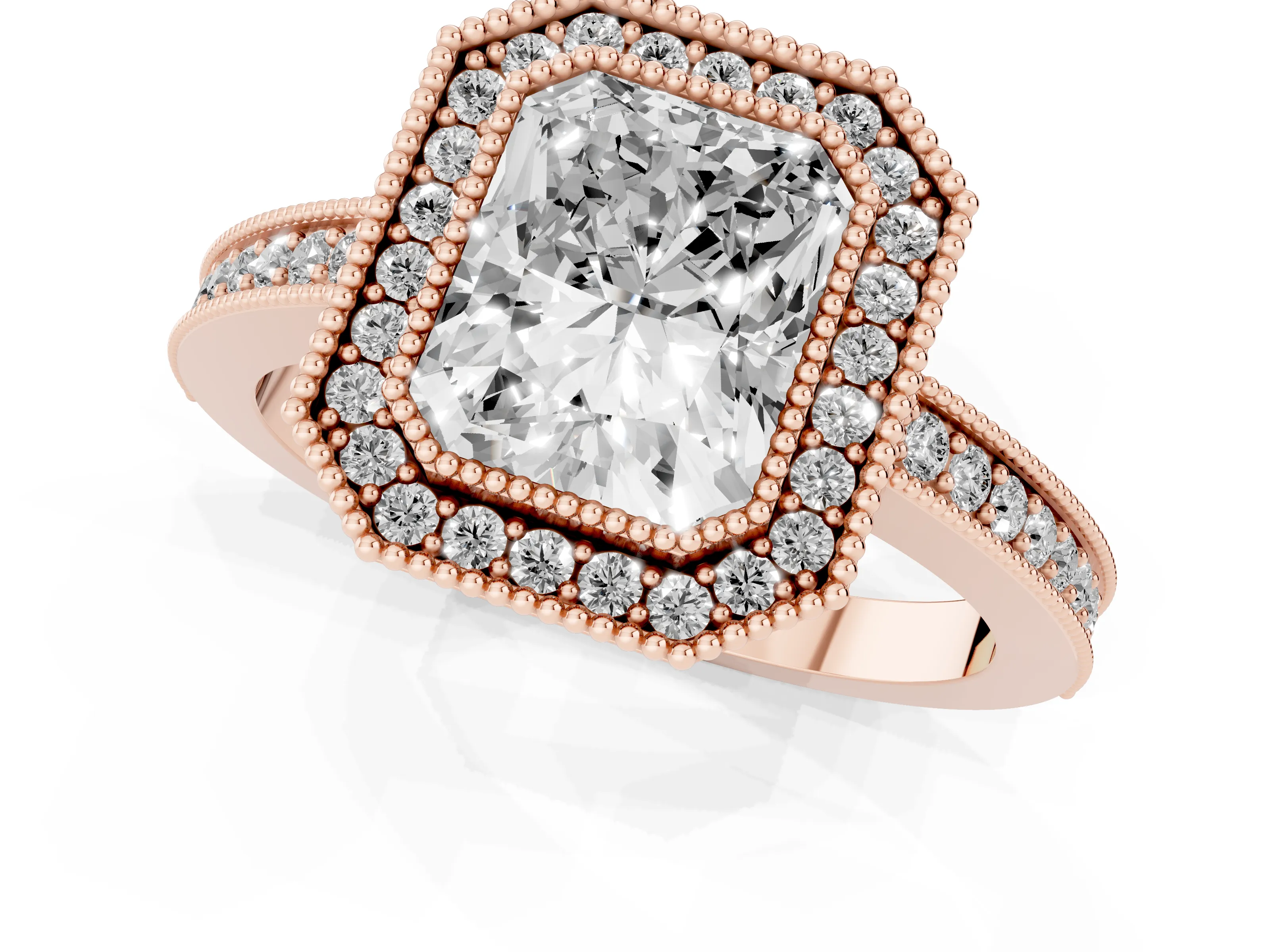 Radiant Cut Diamond Round Halo Ring Set in Rose gold with Pavé Band