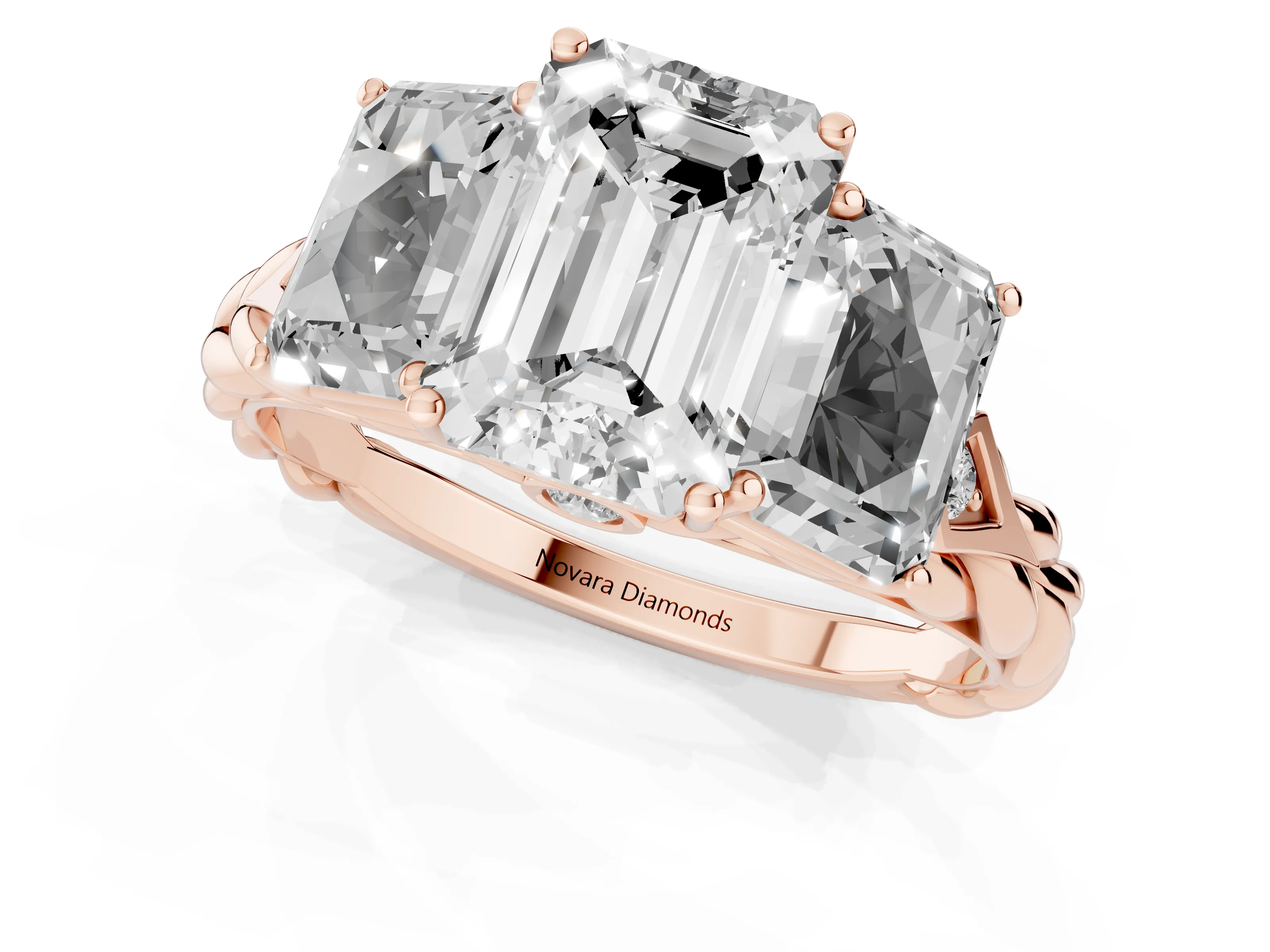 Radiant Cut Diamond Three-Stone Ring Set in Rose gold with Braided Band