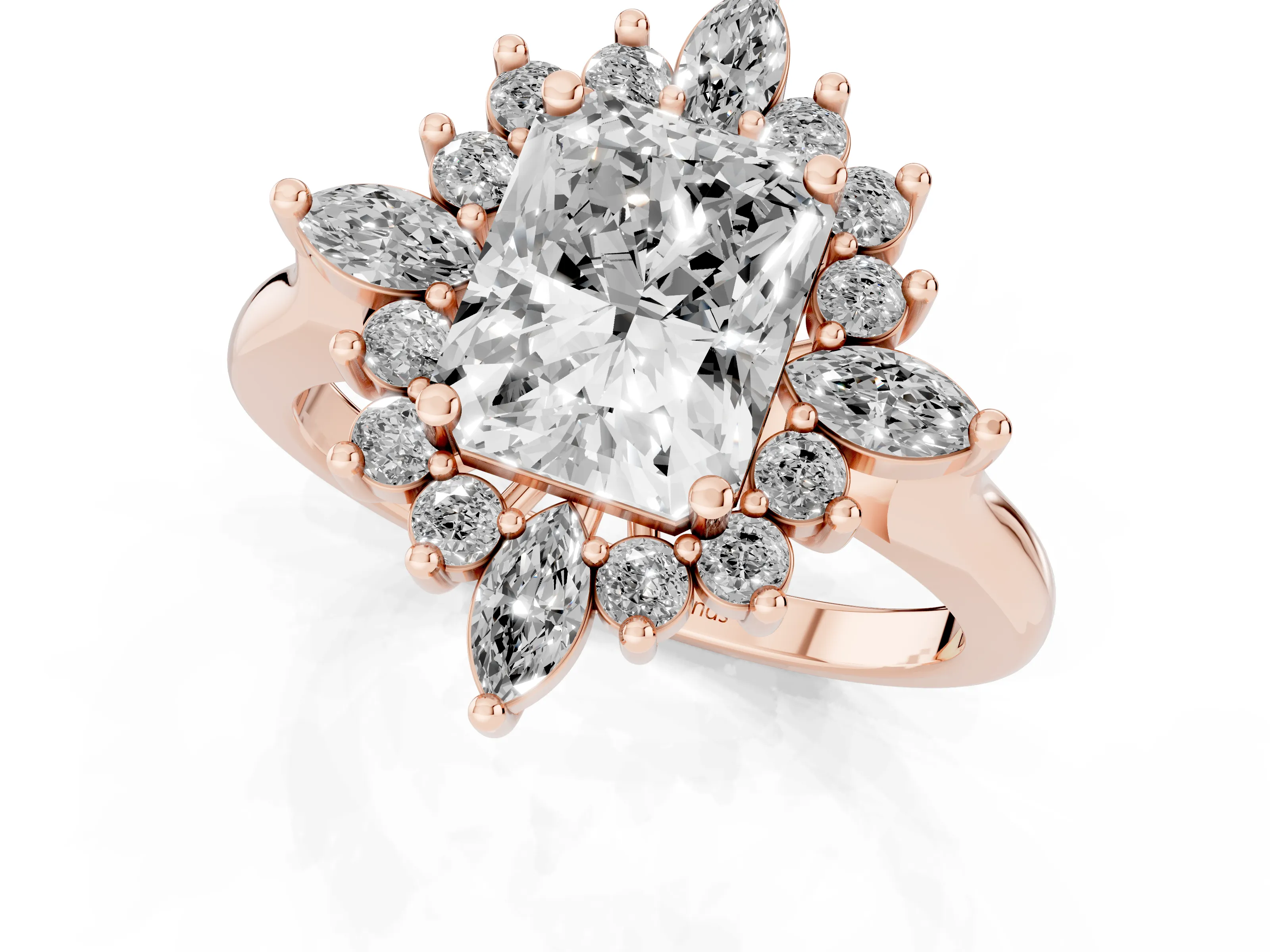 Radiant Cut Diamond Cluster Halo Ring Set in Rose gold with Marquise and Round Accents