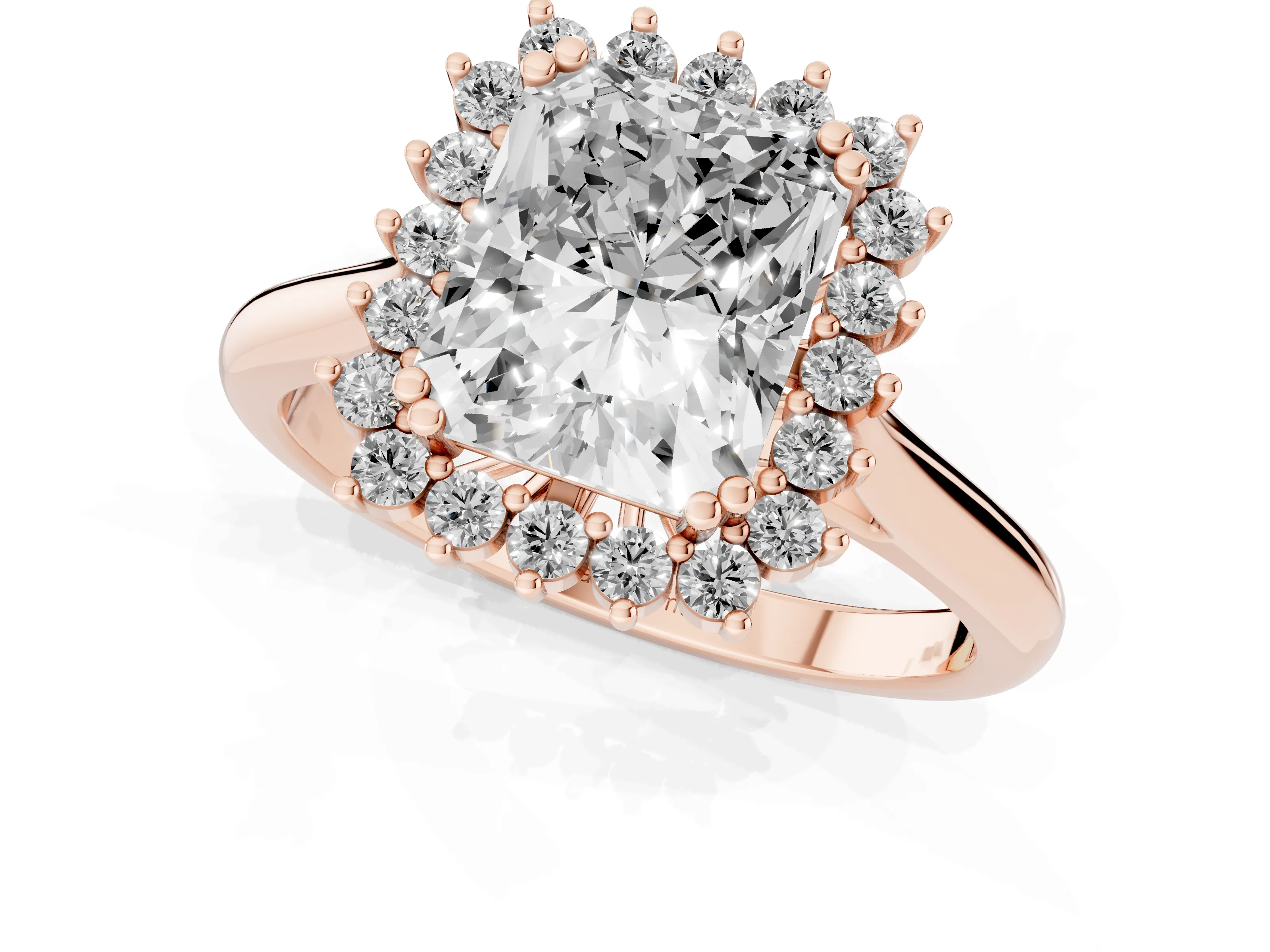 Radiant Cut Diamond Halo Ring Set in Rose gold with Plain Solitaire Band and Prong Setting
