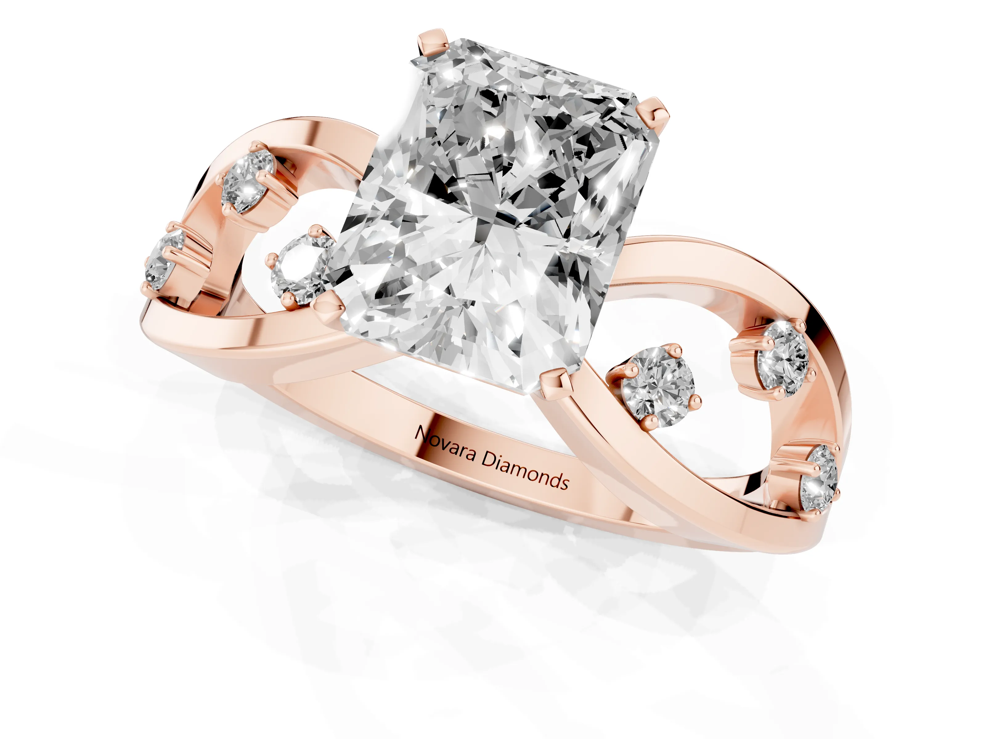Radiant Cut Diamond Solitaire Ring Set in Rose gold with Side Stones on Criss-Cross Band and Prong Setting