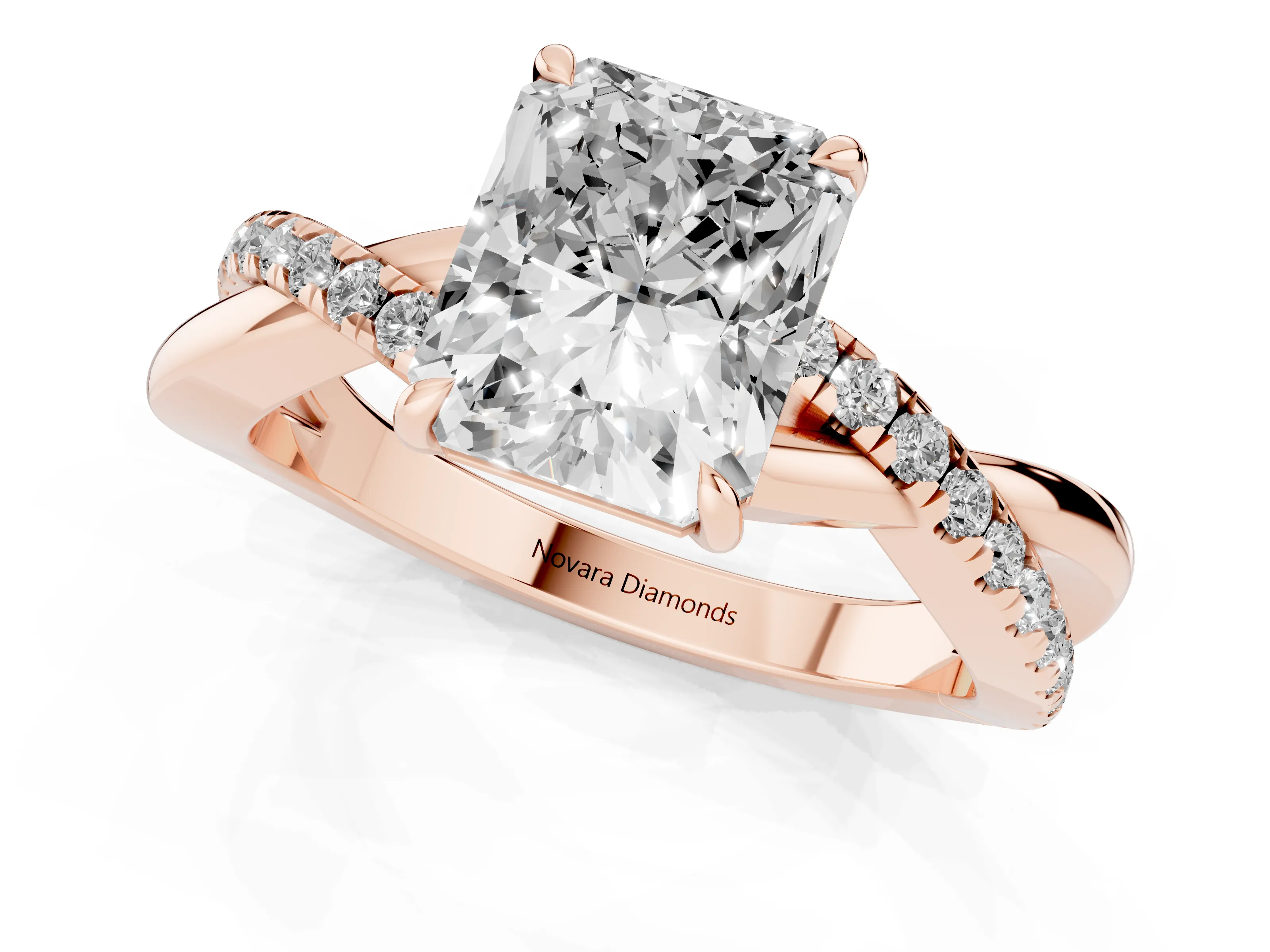 Radiant Cut Diamond Twisted Pavé Band Ring Set in Rose gold with Prong Setting