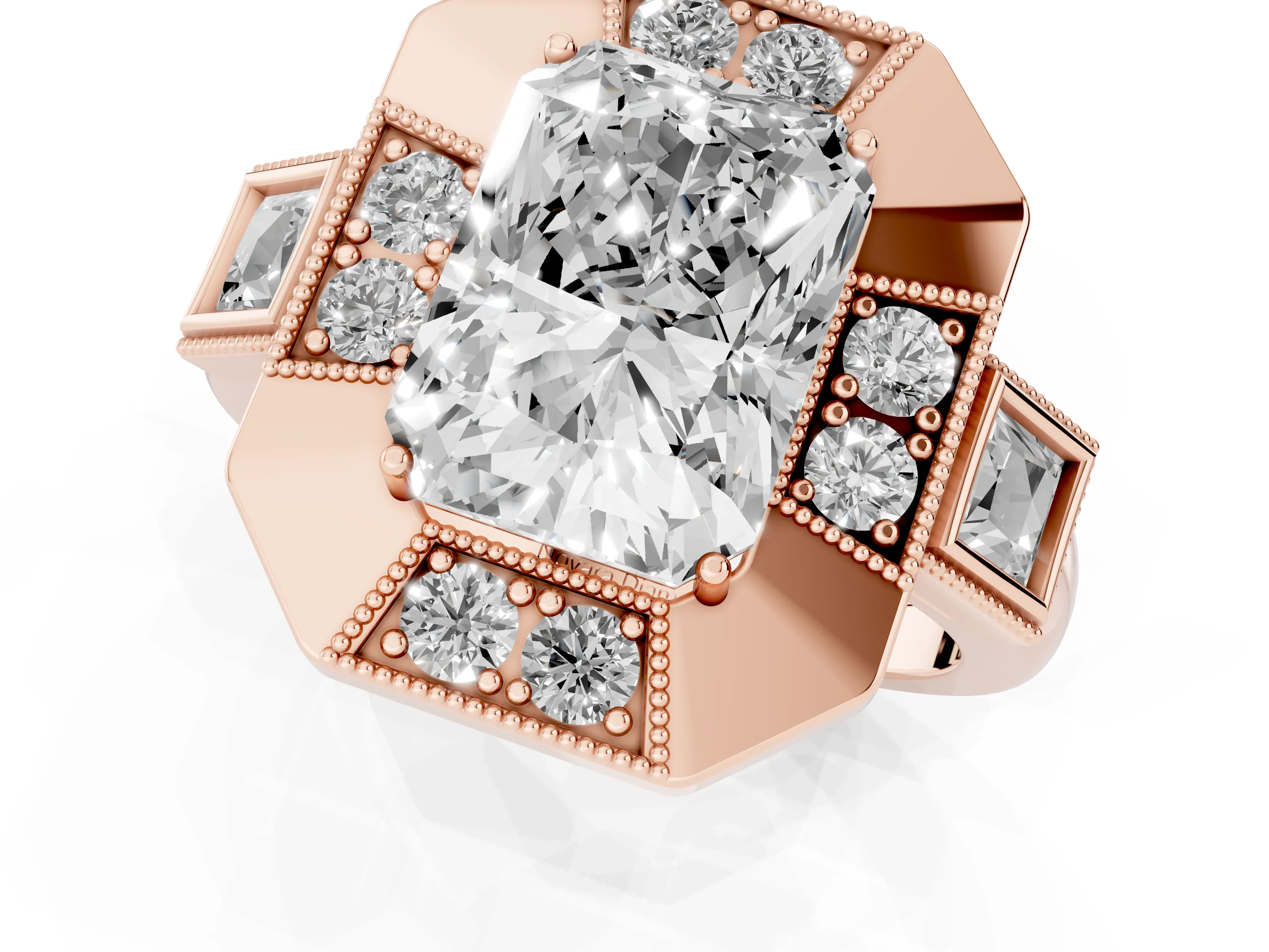 Radiant Cut Diamond Milgrain Halo Ring Set in Rose gold with Split Shank