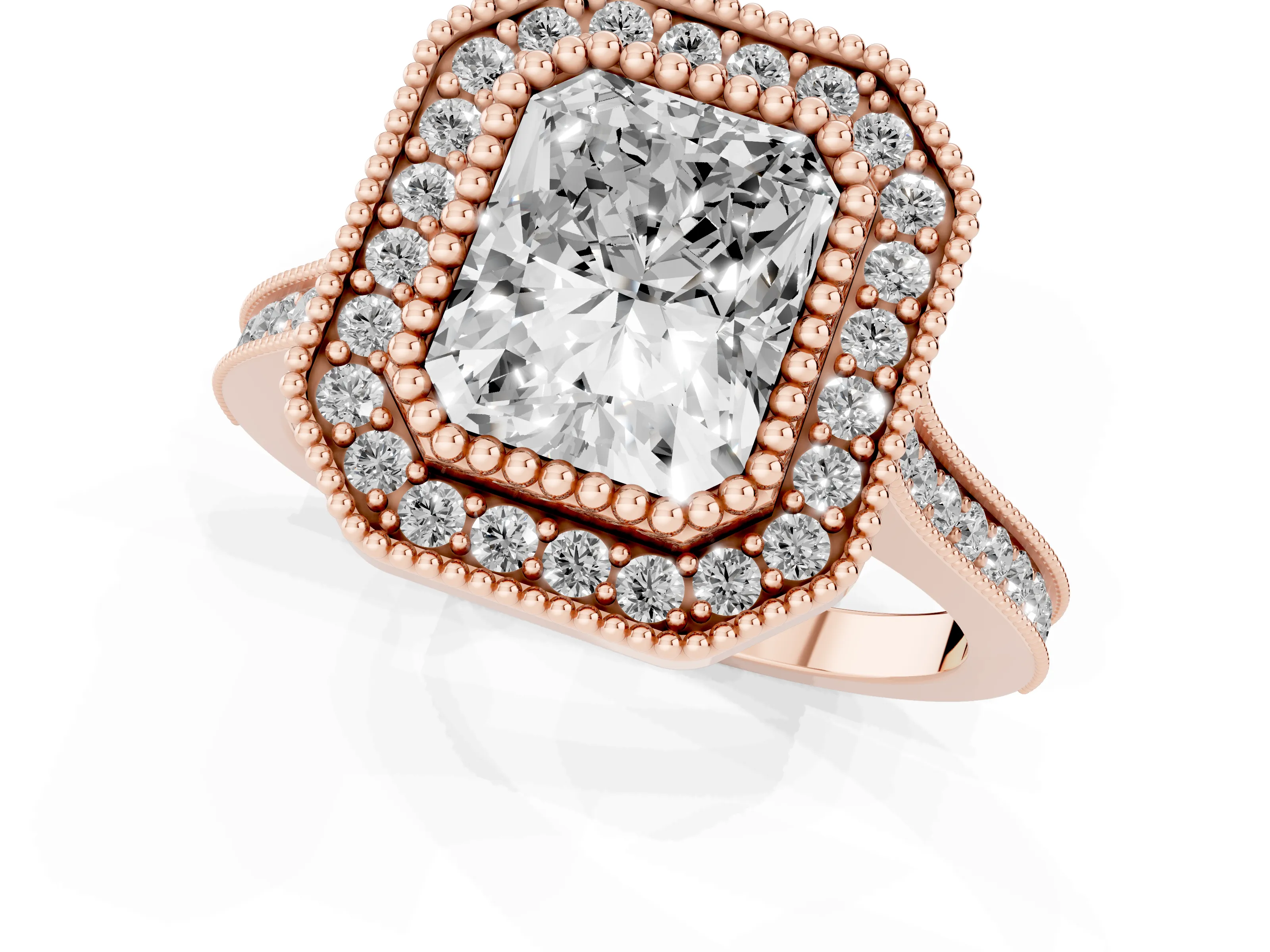 Radiant Cut Diamond Halo Ring Set in Rose gold with Milgrain Frame and Pavé Band – second view