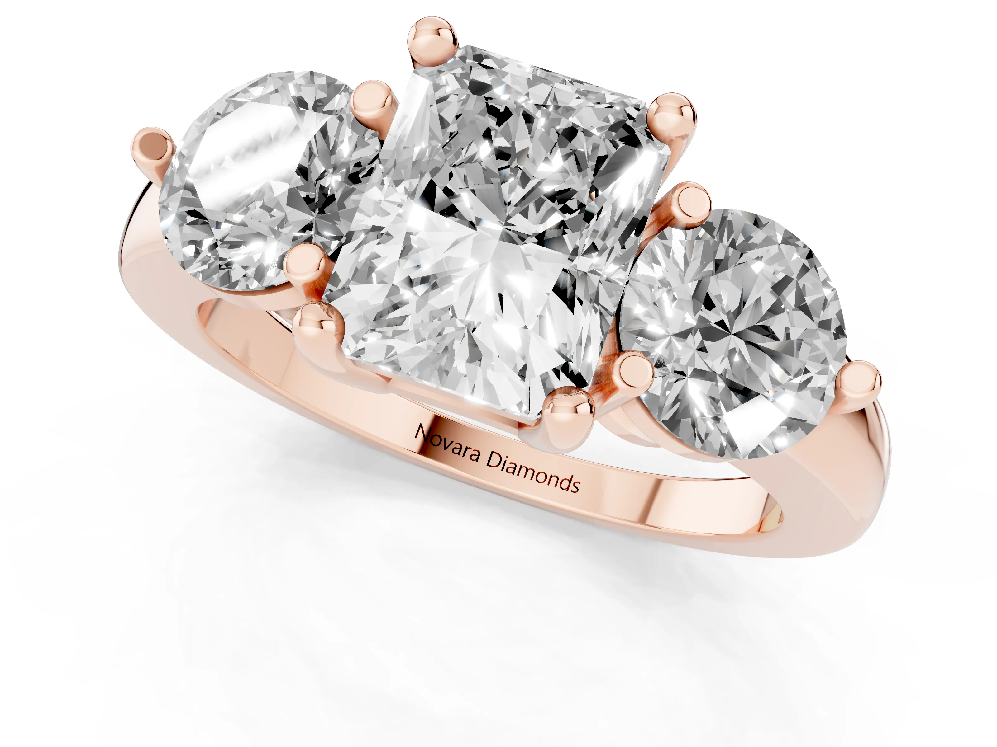 Radiant Cut Diamond Three-Stone Ring Set in Rose gold with Prong Setting and Classic Band