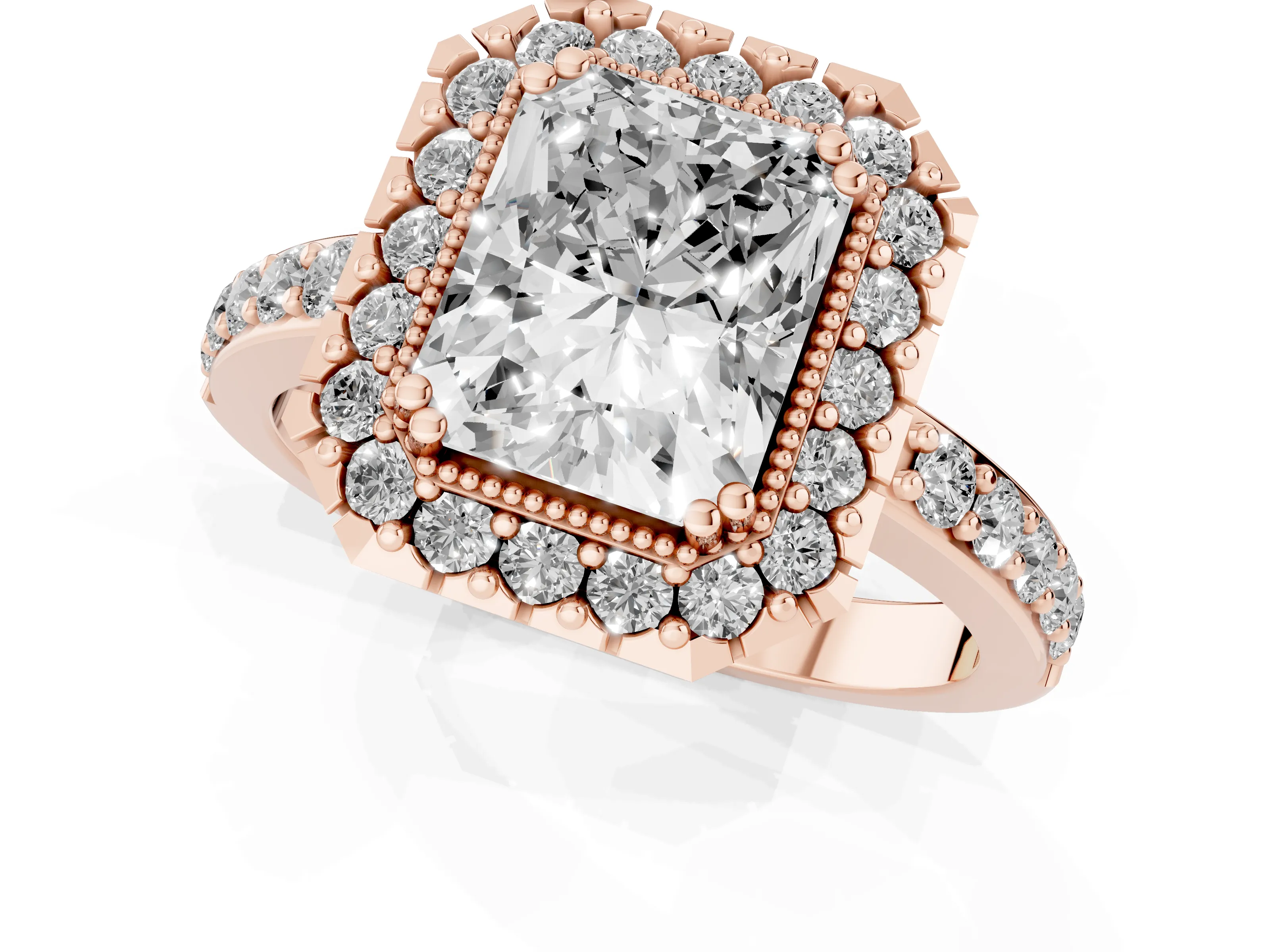 Radiant Cut Diamond Halo Ring Set in Rose gold with Pavé Shank and Prong Setting