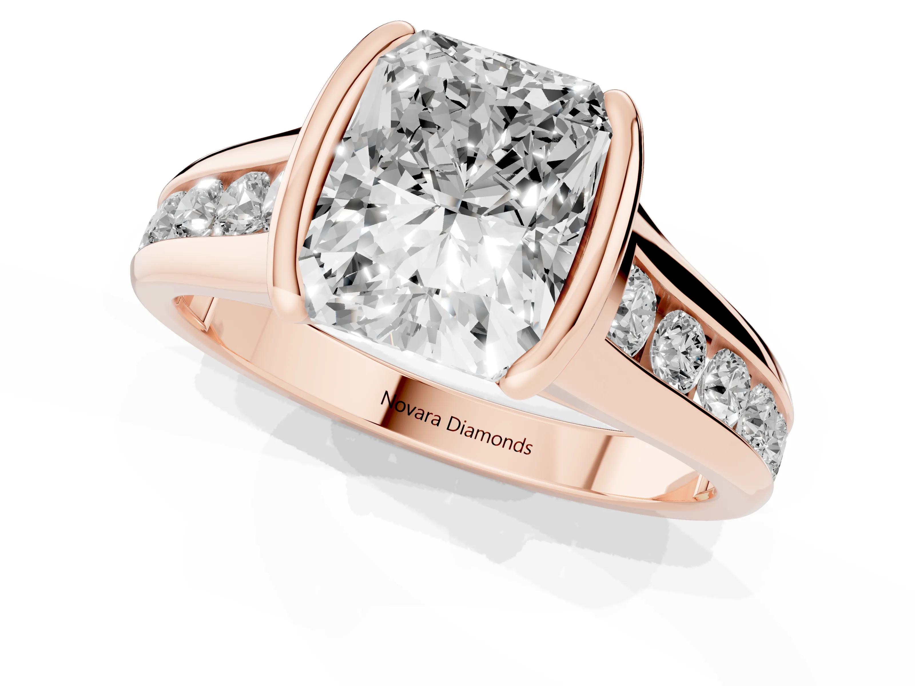 Radiant Cut Diamond Bezel-Set Solitaire Ring Set in Rose gold with Channel-Set Band