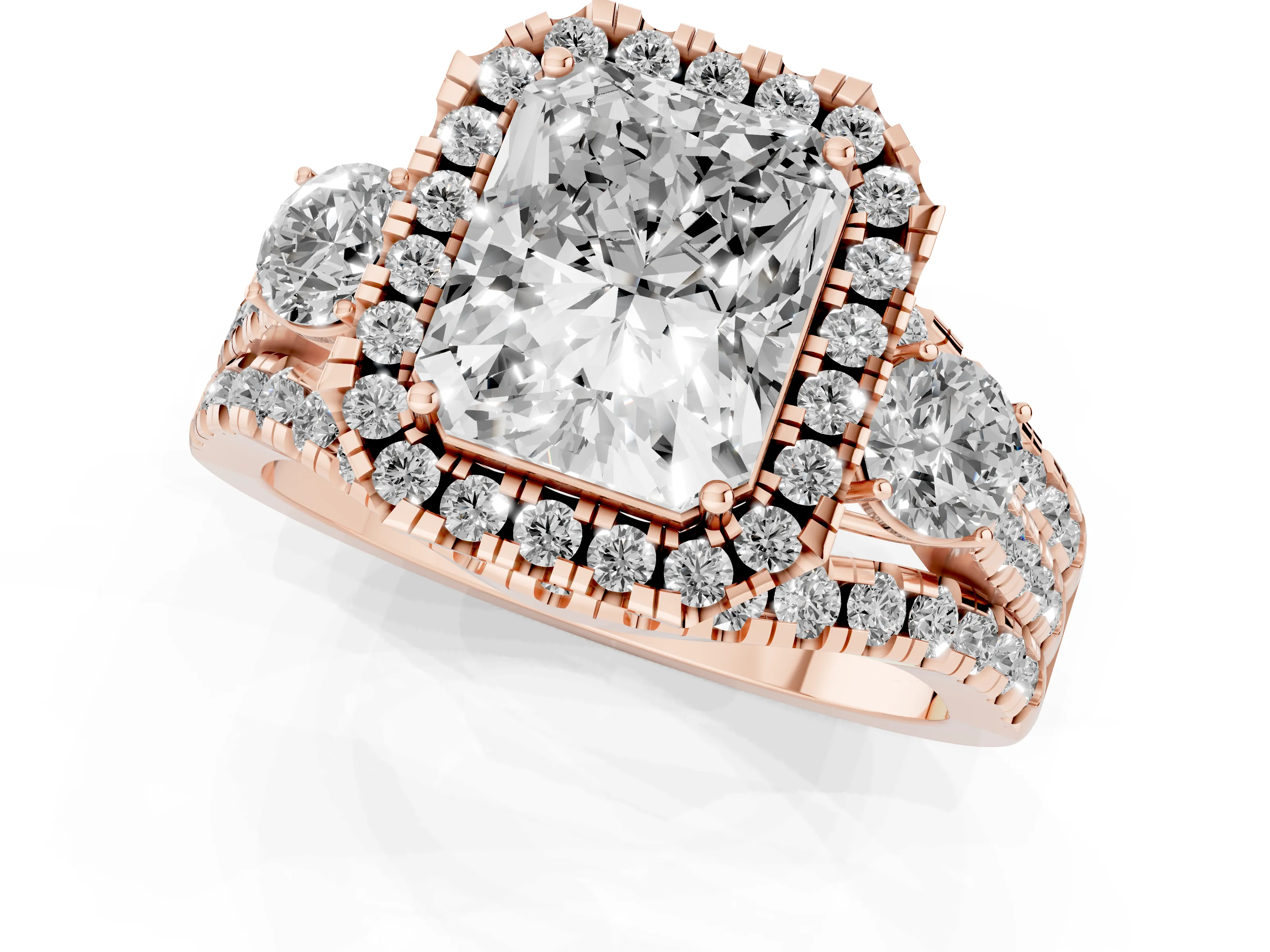 Radiant Cut Diamond Halo Split Shank Ring Set in Rose gold with Round Accent Stones and Prong Setting