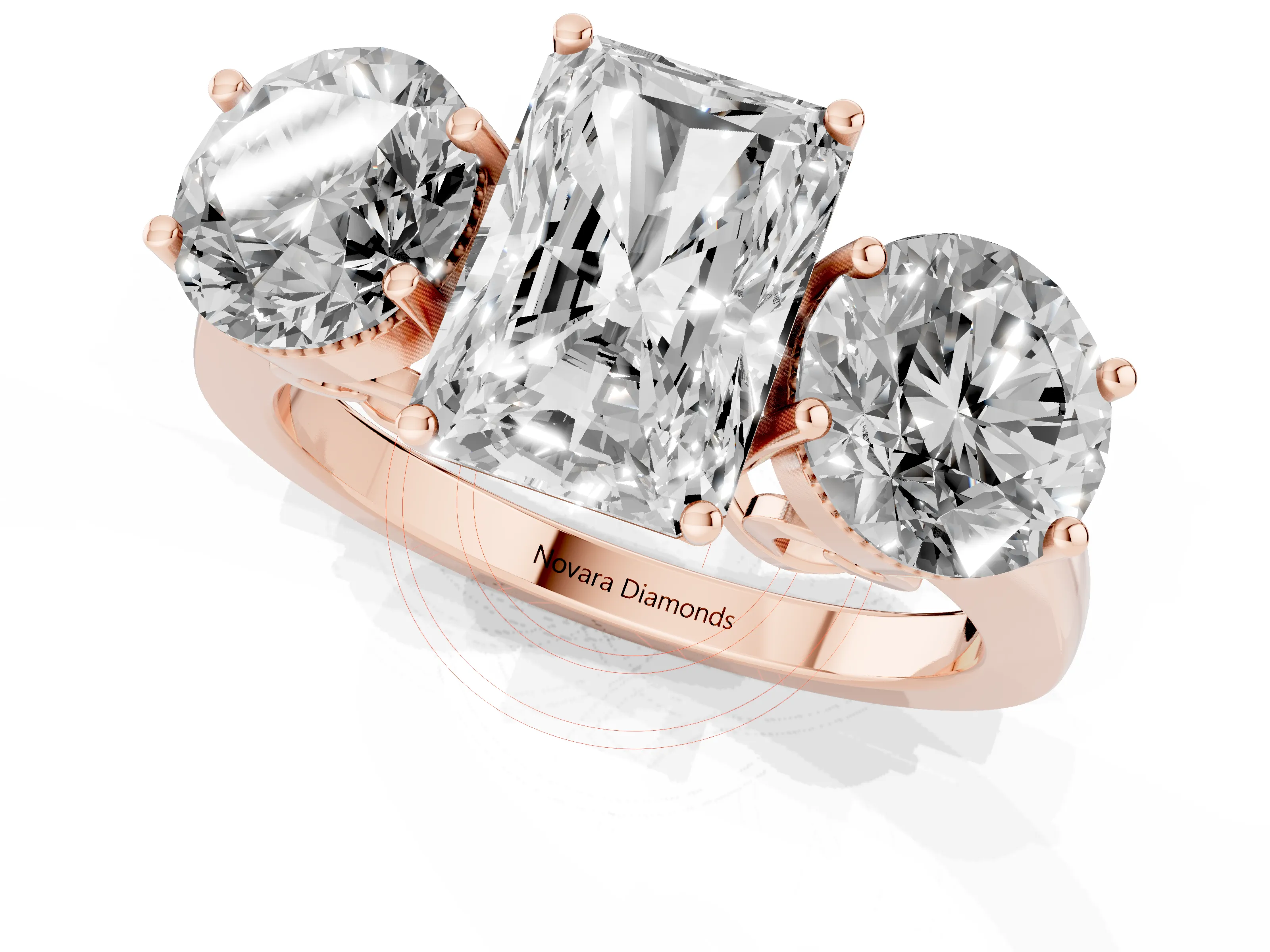 Radiant Cut Diamond Three-Stone Engagement Ring Set in Rose gold with Polished Band