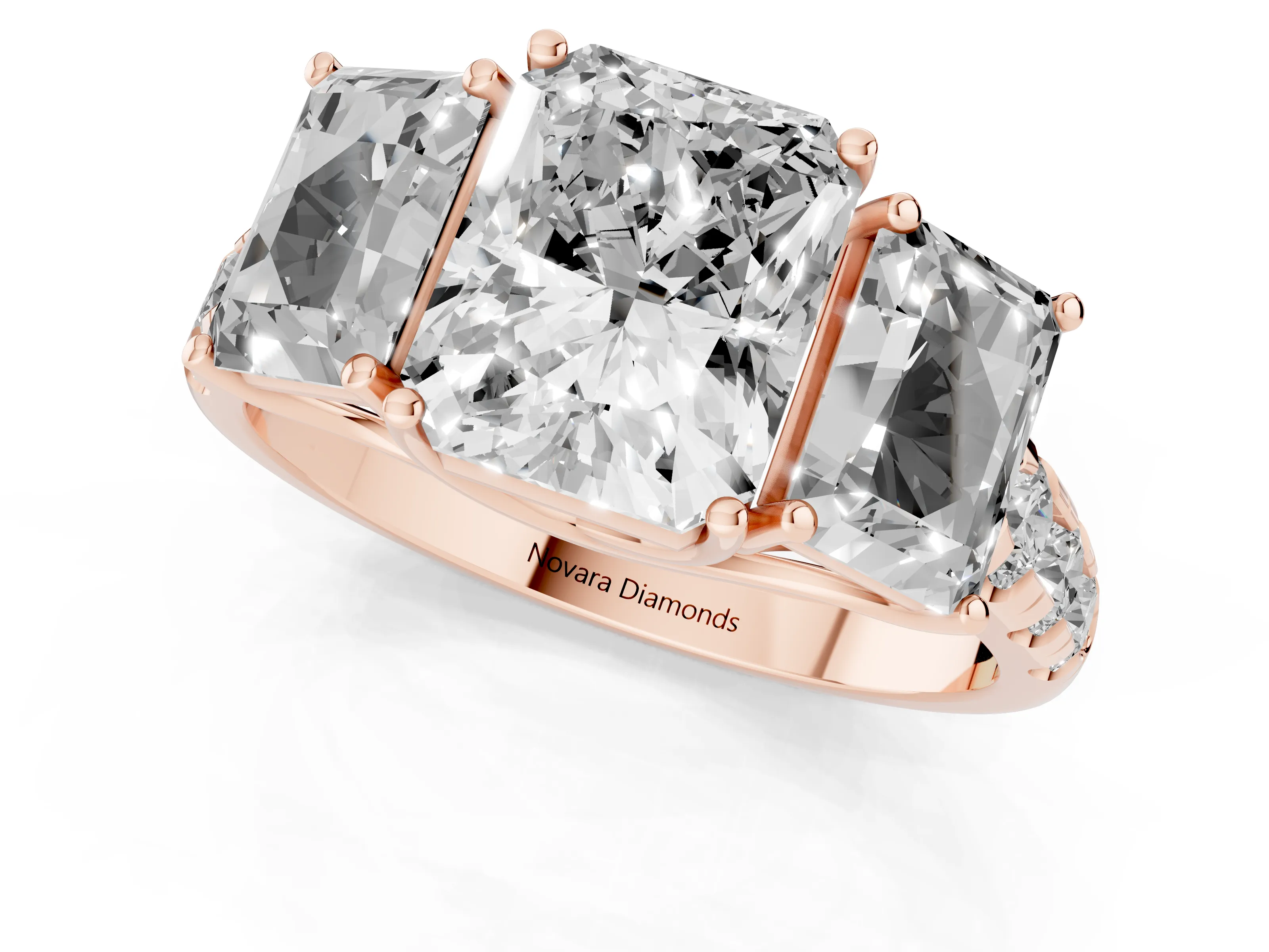 Radiant Cut Diamond Three-Stone Ring Set in Rose gold with Pavé Band