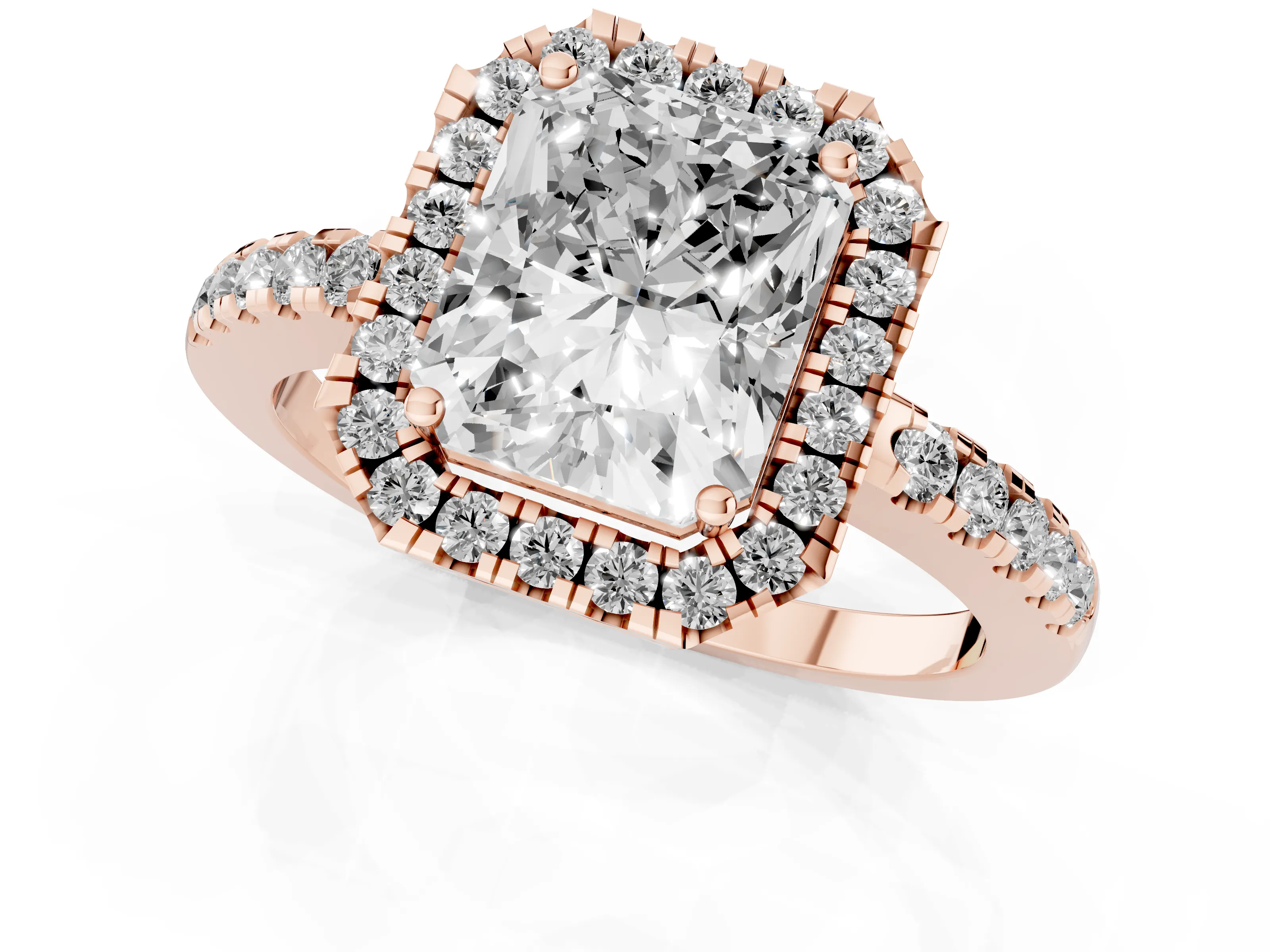 Radiant Cut Diamond Pavé Band Halo Engagement Ring Set in Rose gold with Prong Setting