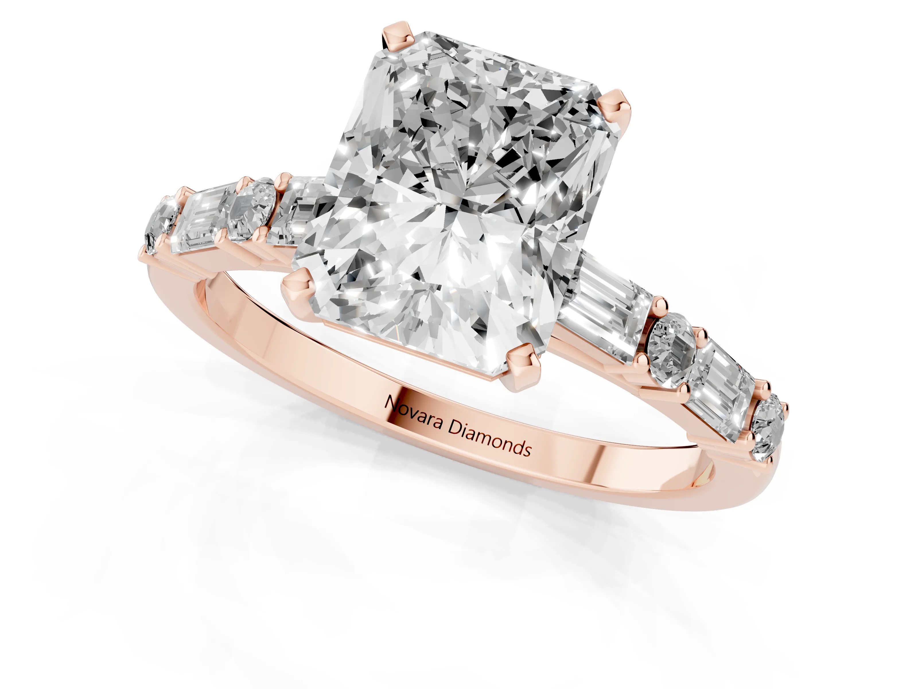 Radiant Cut Diamond Solitaire Set in Rose gold with Side Baguettes and Channel Set Band