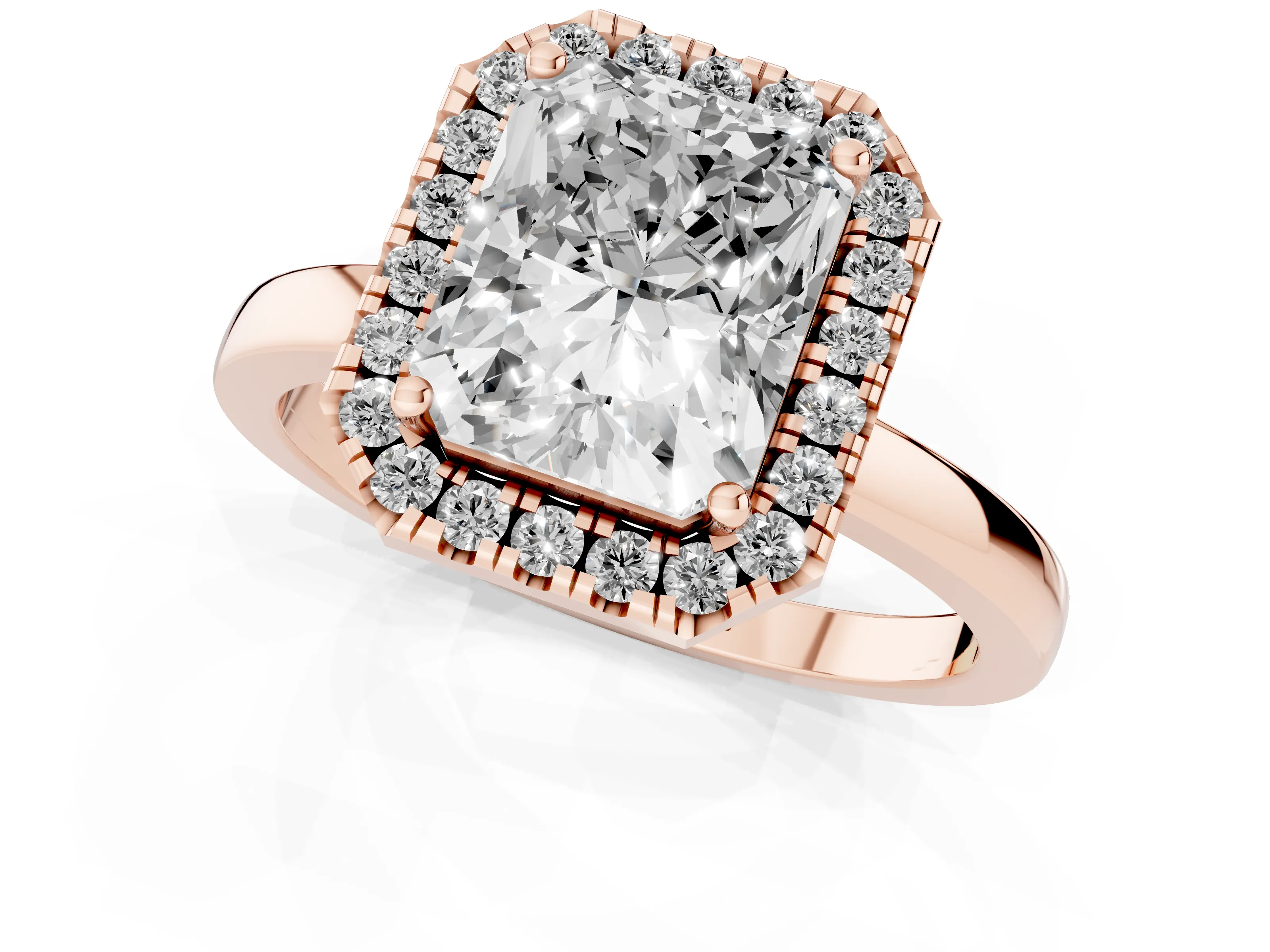 Radiant Cut Diamond Halo Solitaire Ring Set in Rose gold with Pavé Band and Prong Setting
