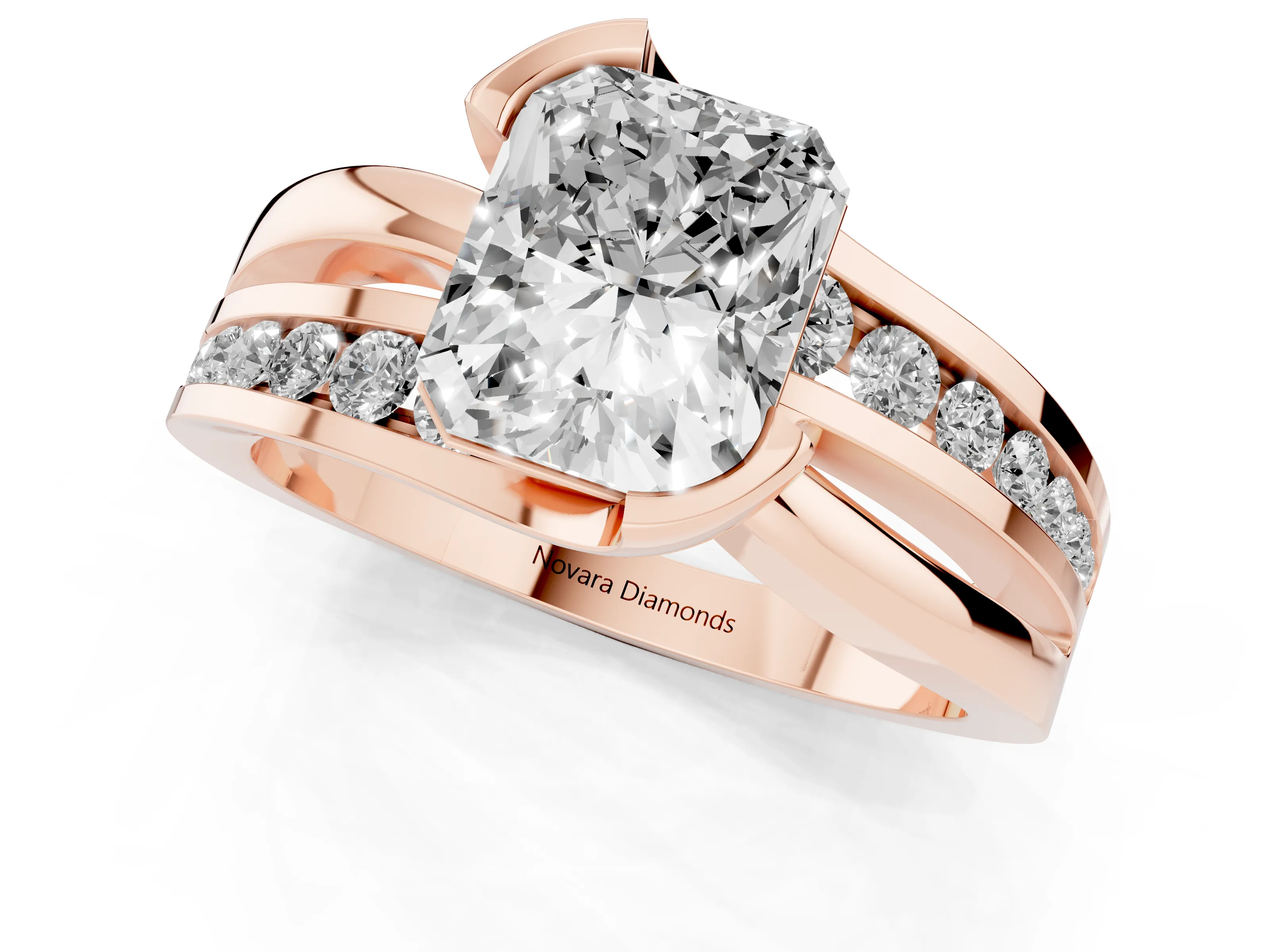 Radiant Cut Diamond Solitaire Ring Set in Rose gold with Channel Set Split Shank and Tension Prongs