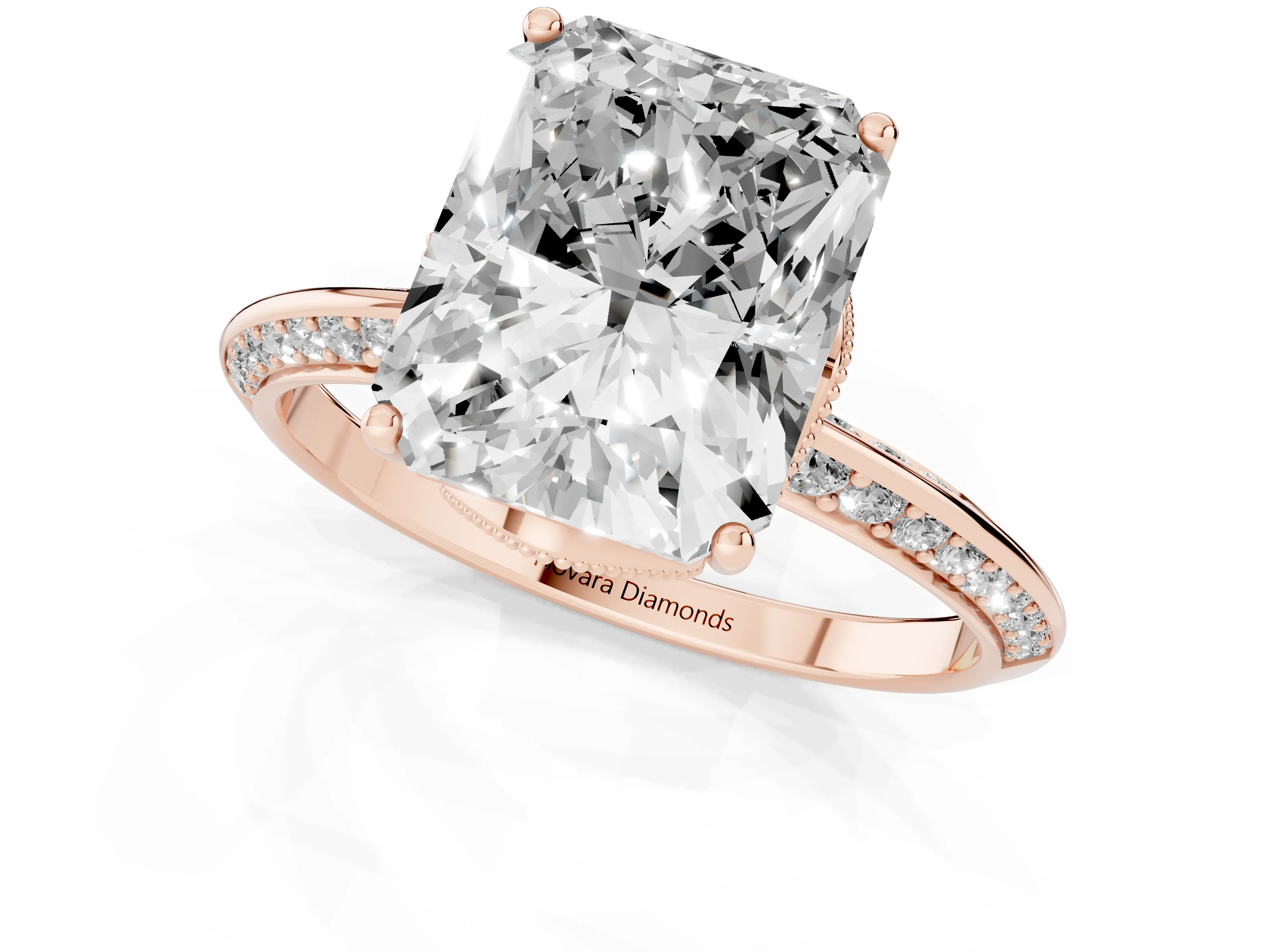 Radiant Cut Diamond Solitaire Engagement Ring Set in Rose gold with Pavé Split Shank and Prong Setting