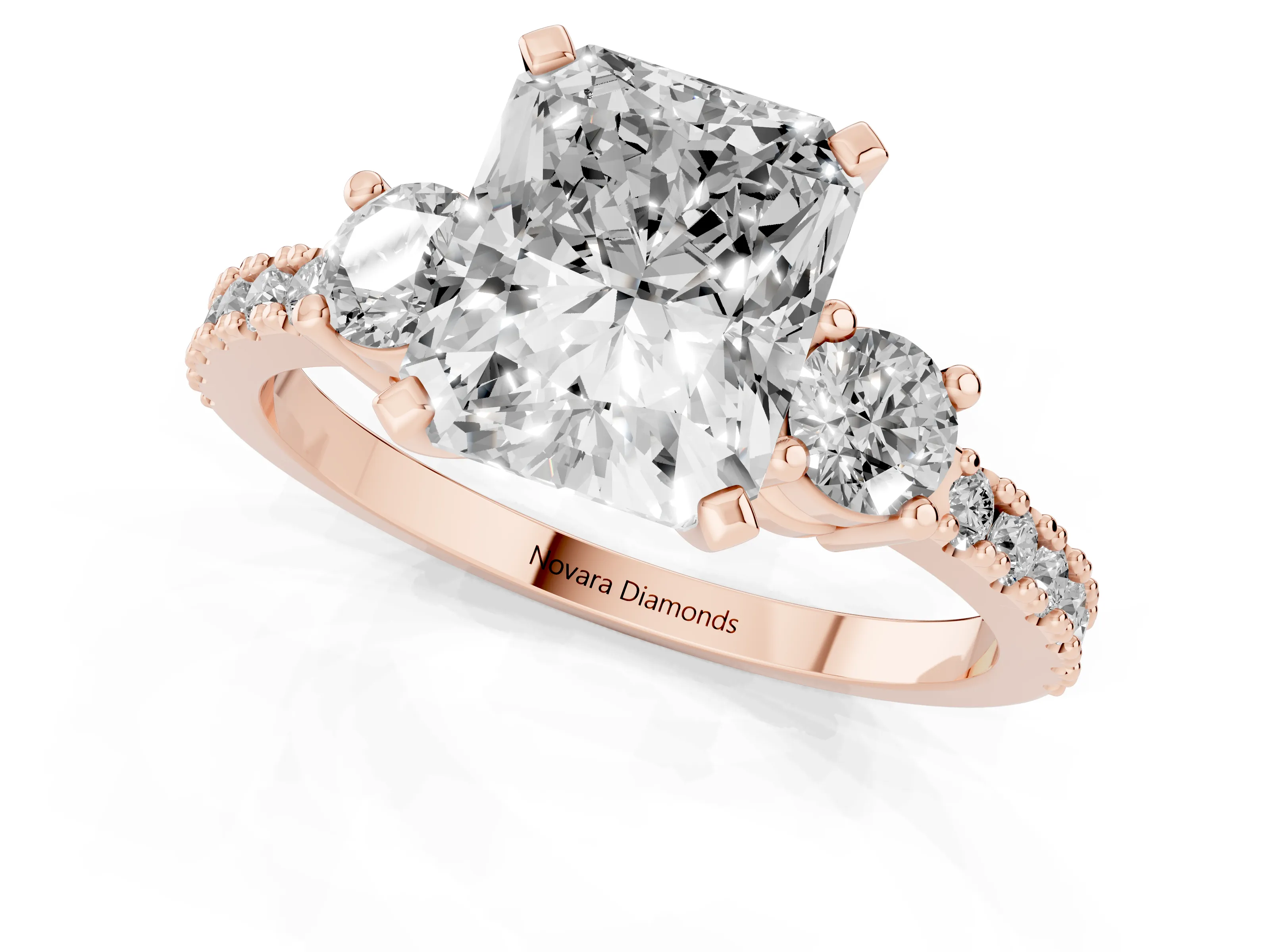 Three-Stone Radiant Cut Diamond Pavé Band Ring Set in Rose gold with Prong Setting