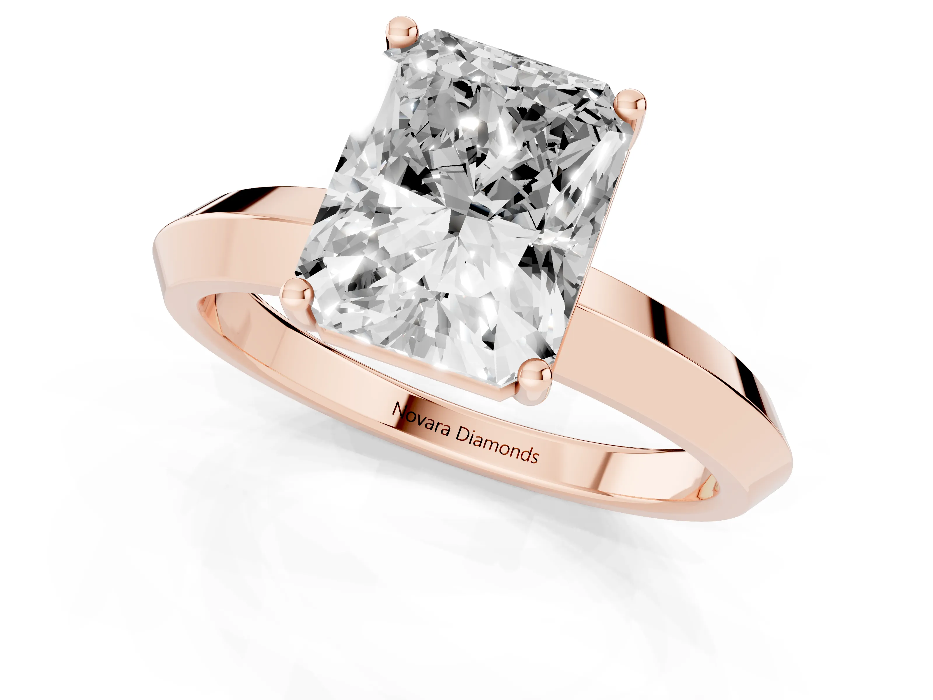 Radiant Cut Diamond Solitaire Engagement Ring Set in Rose gold with Flat Band and Prong Setting