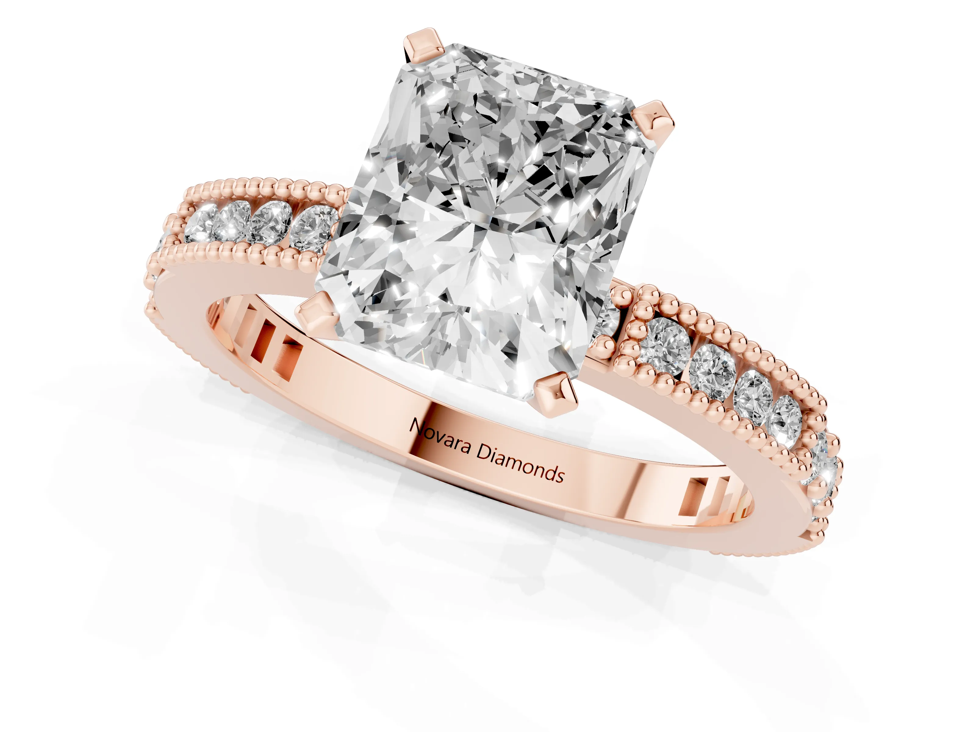 Radiant Cut Diamond Solitaire Ring Set in Rose gold with Slim Pavé Band and Prong Setting