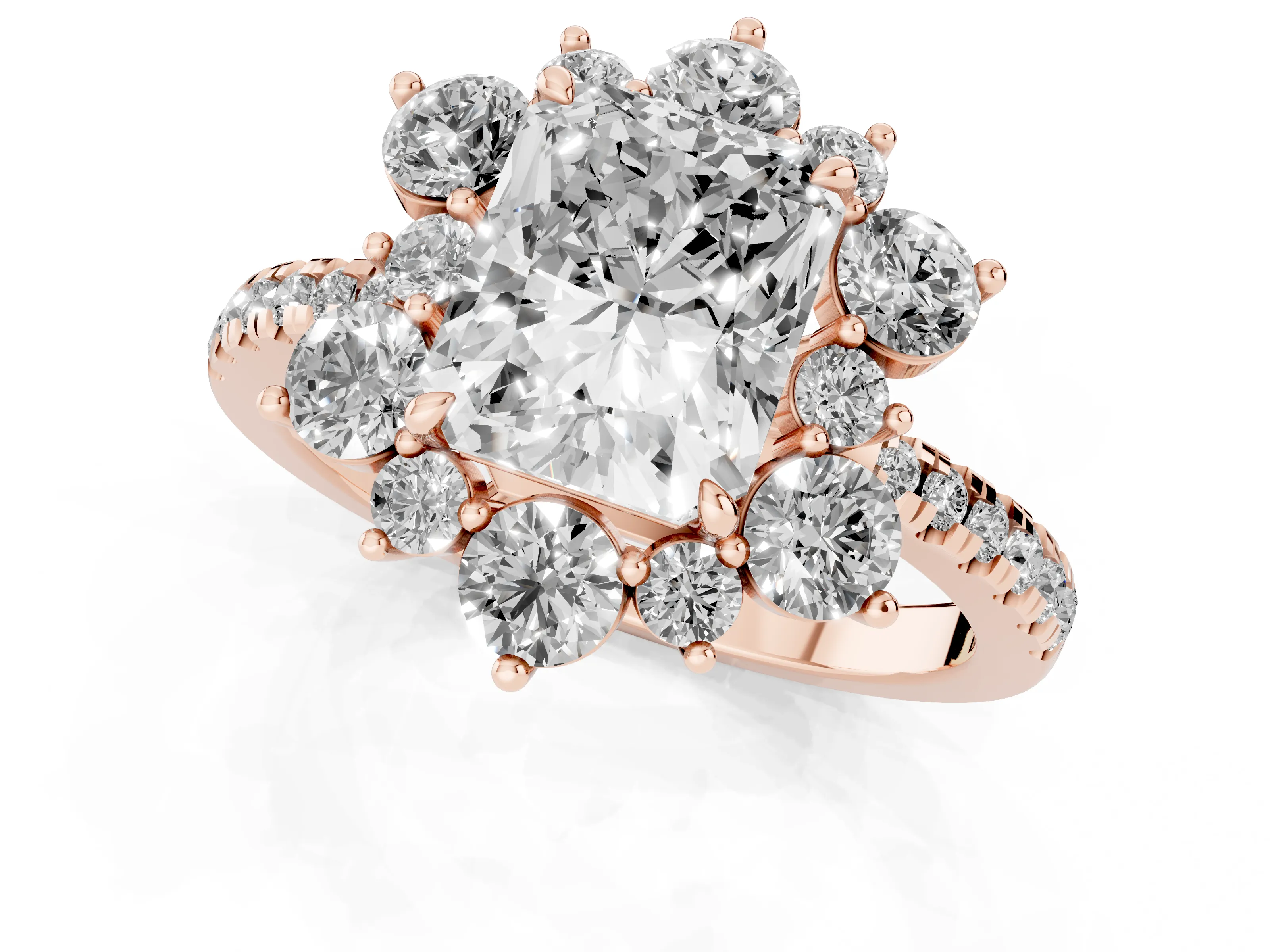 Radiant Cut Diamond Floral Halo Ring Set in Rose gold with Round Pavé Band and Prong Setting