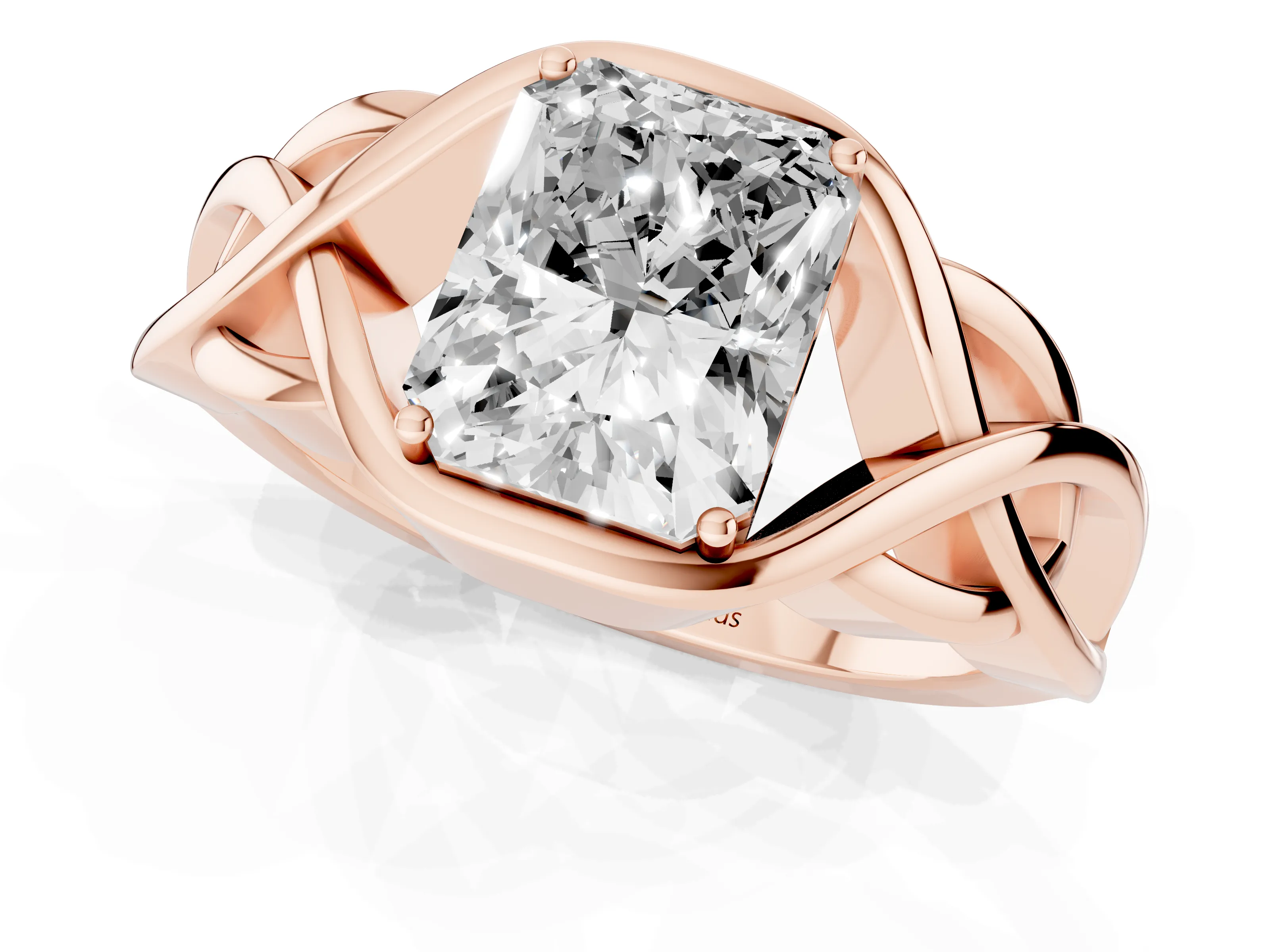 Radiant Cut Diamond Solitaire Ring Set in Rose gold with Intertwined Band