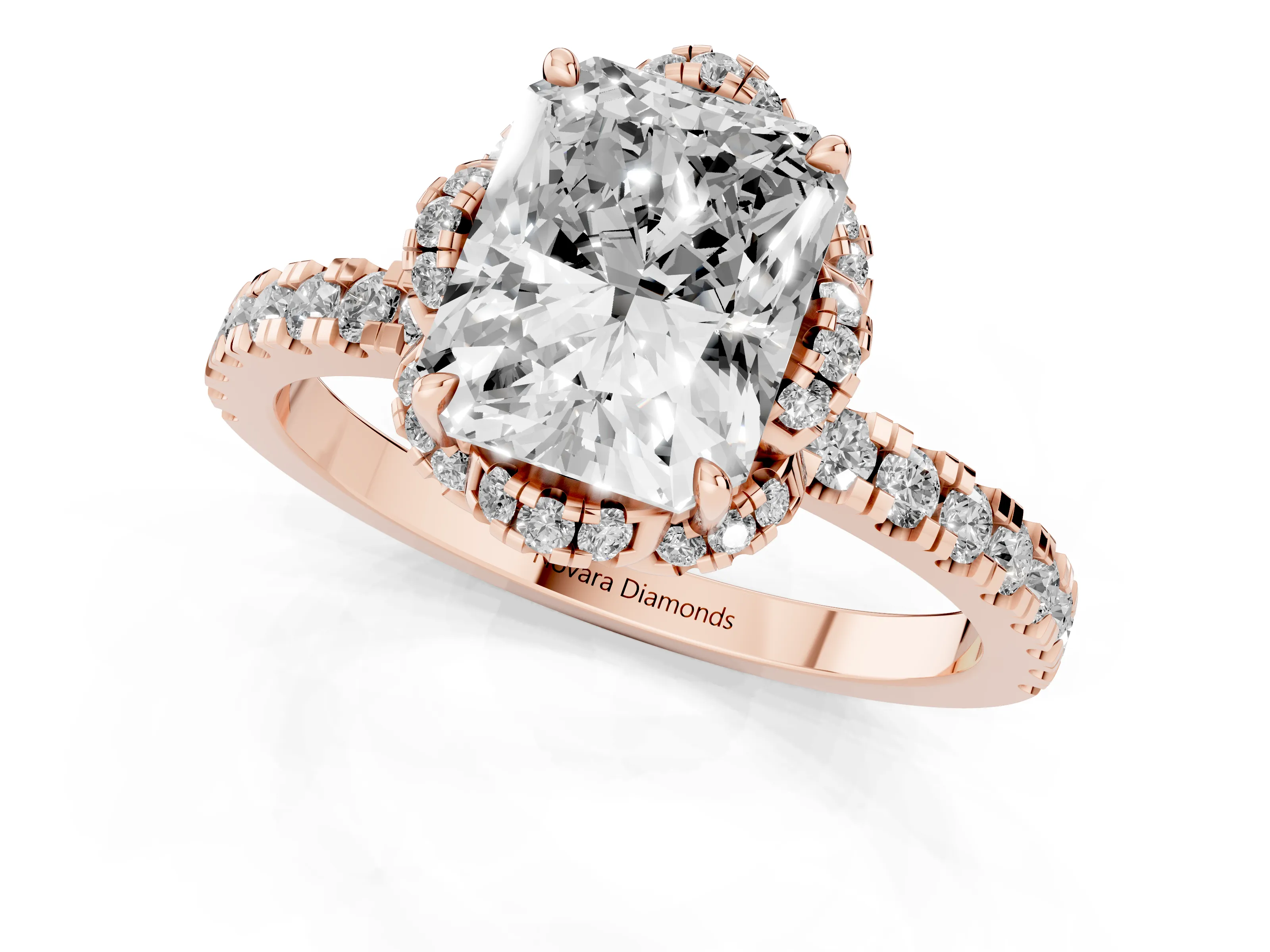 Radiant Cut Diamond Halo Pavé Band Ring Set in Rose gold with Prong-Held Center – second view