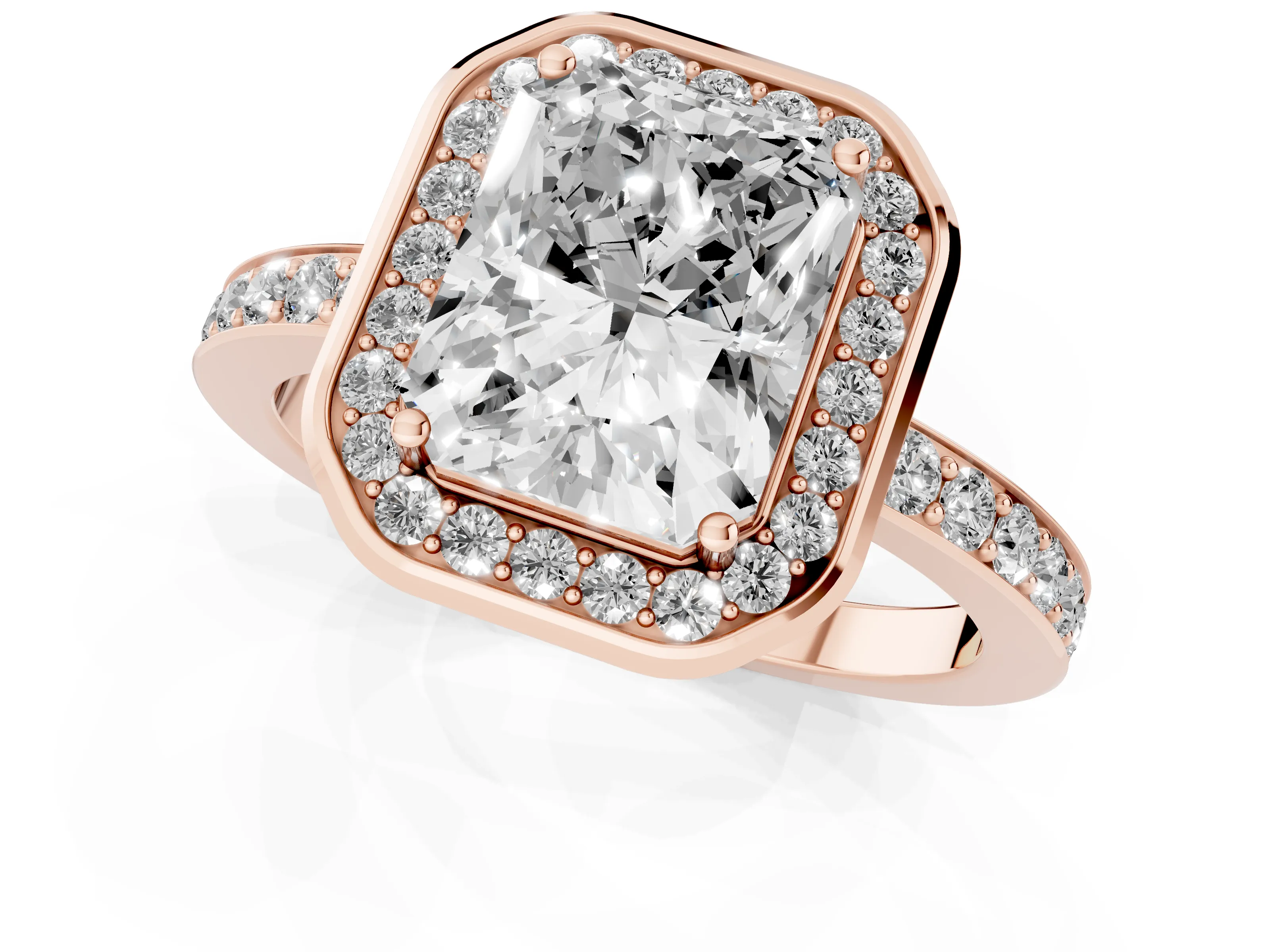 Radiant Cut Diamond Halo Ring Set in Rose gold with Bezel Frame and Pavé Band