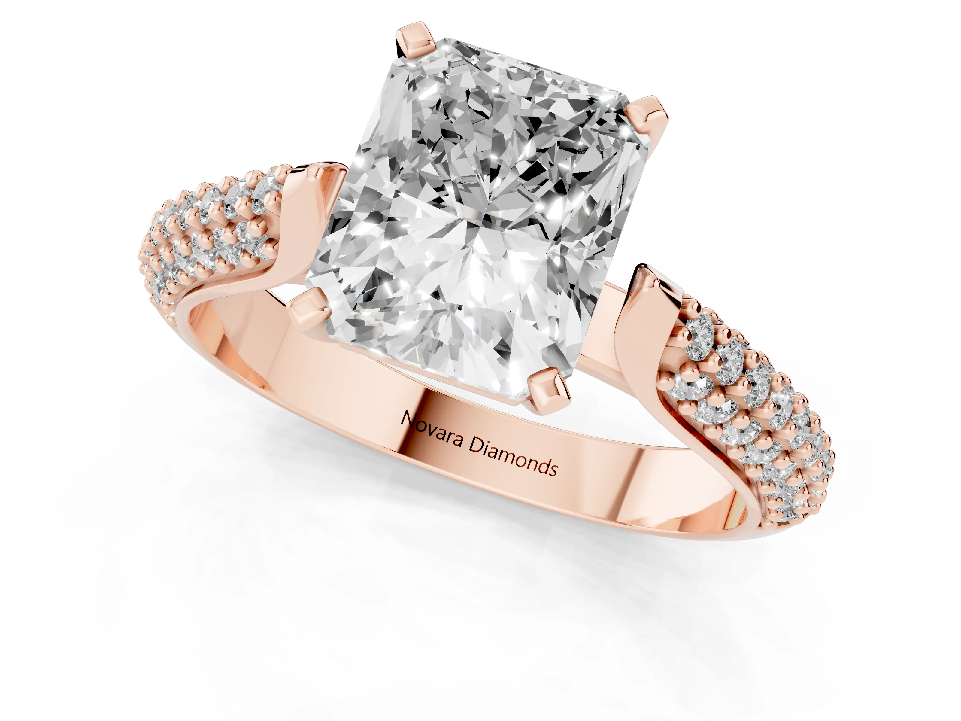 Radiant Cut Diamond Solitaire Engagement Ring Set in Rose gold with Multi-Row Round Pavé Band and Prong Setting