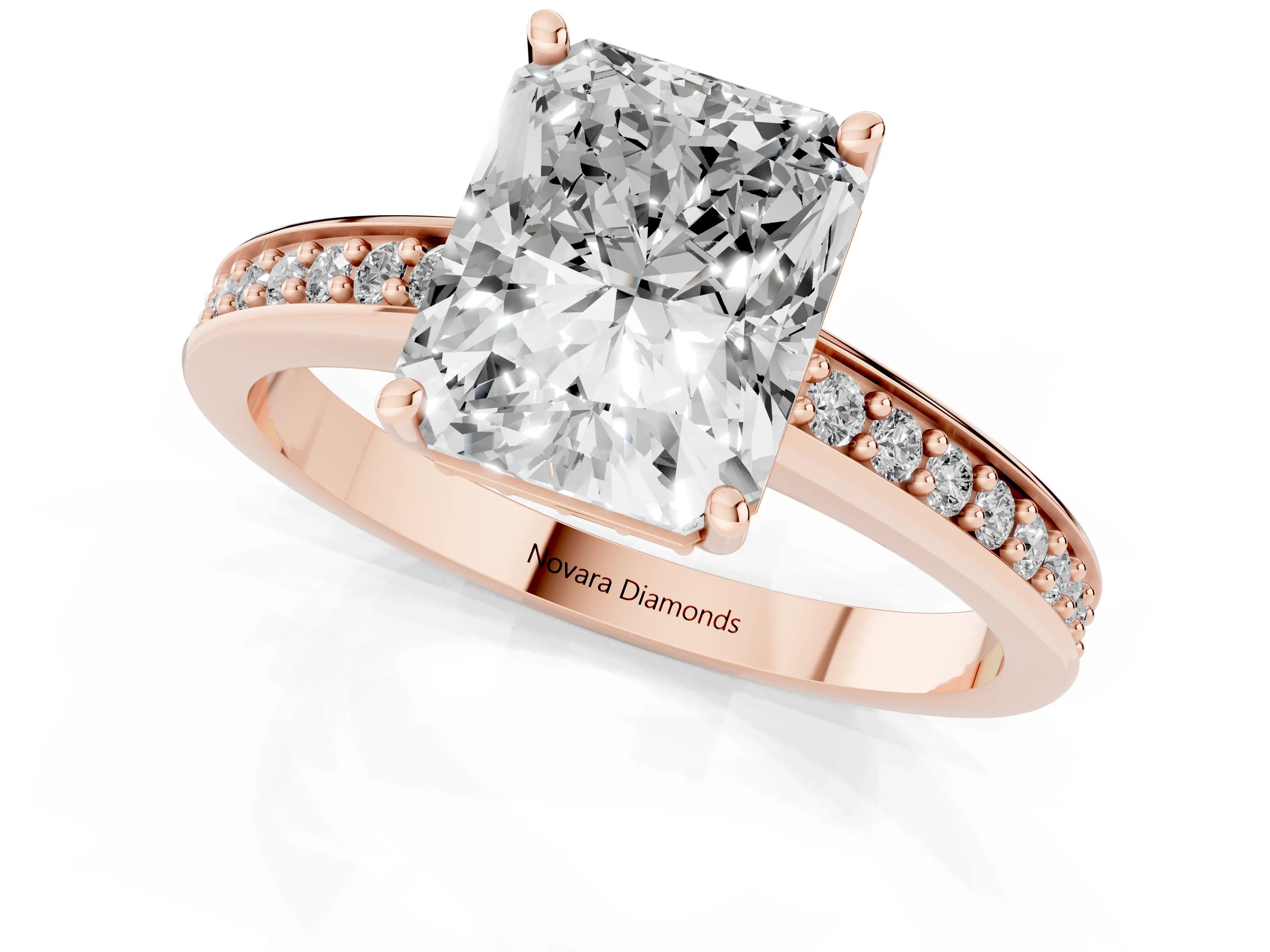 Radiant Cut Diamond Pavé Band Prong Set Solitaire Ring Set in Rose gold