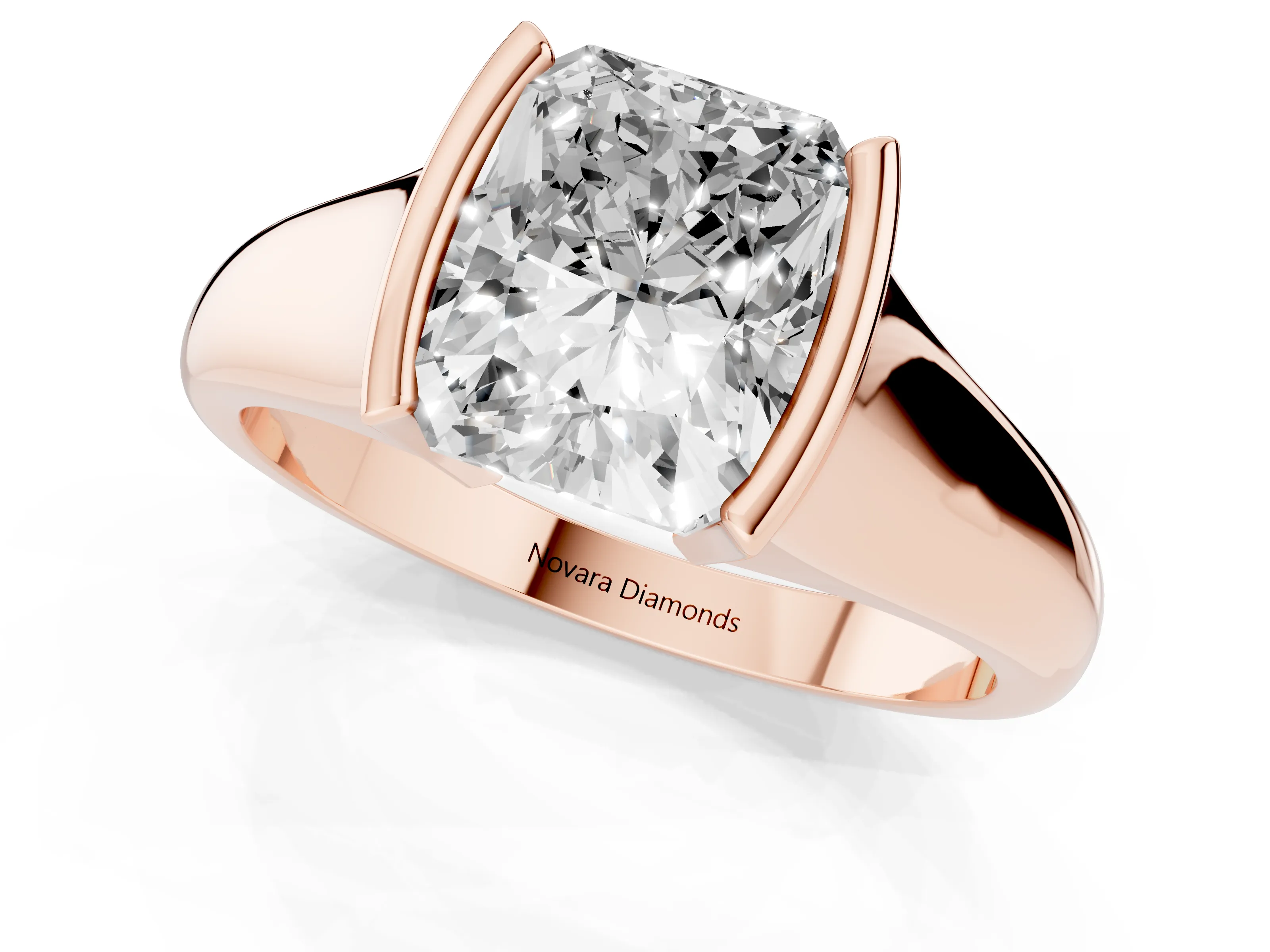 Radiant Cut Diamond Solitaire Tension Set Ring Set in Rose gold with Split Shank Band