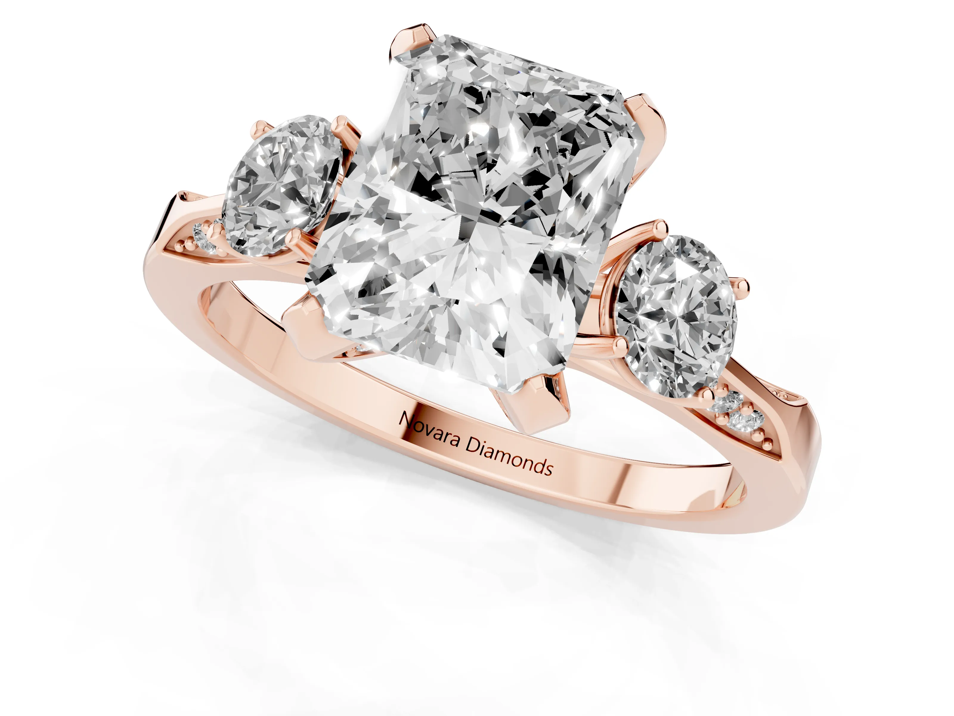 Radiant Cut Diamond Three-Stone Ring Set in Rose gold with Pavé Band and Smaller Side Stones