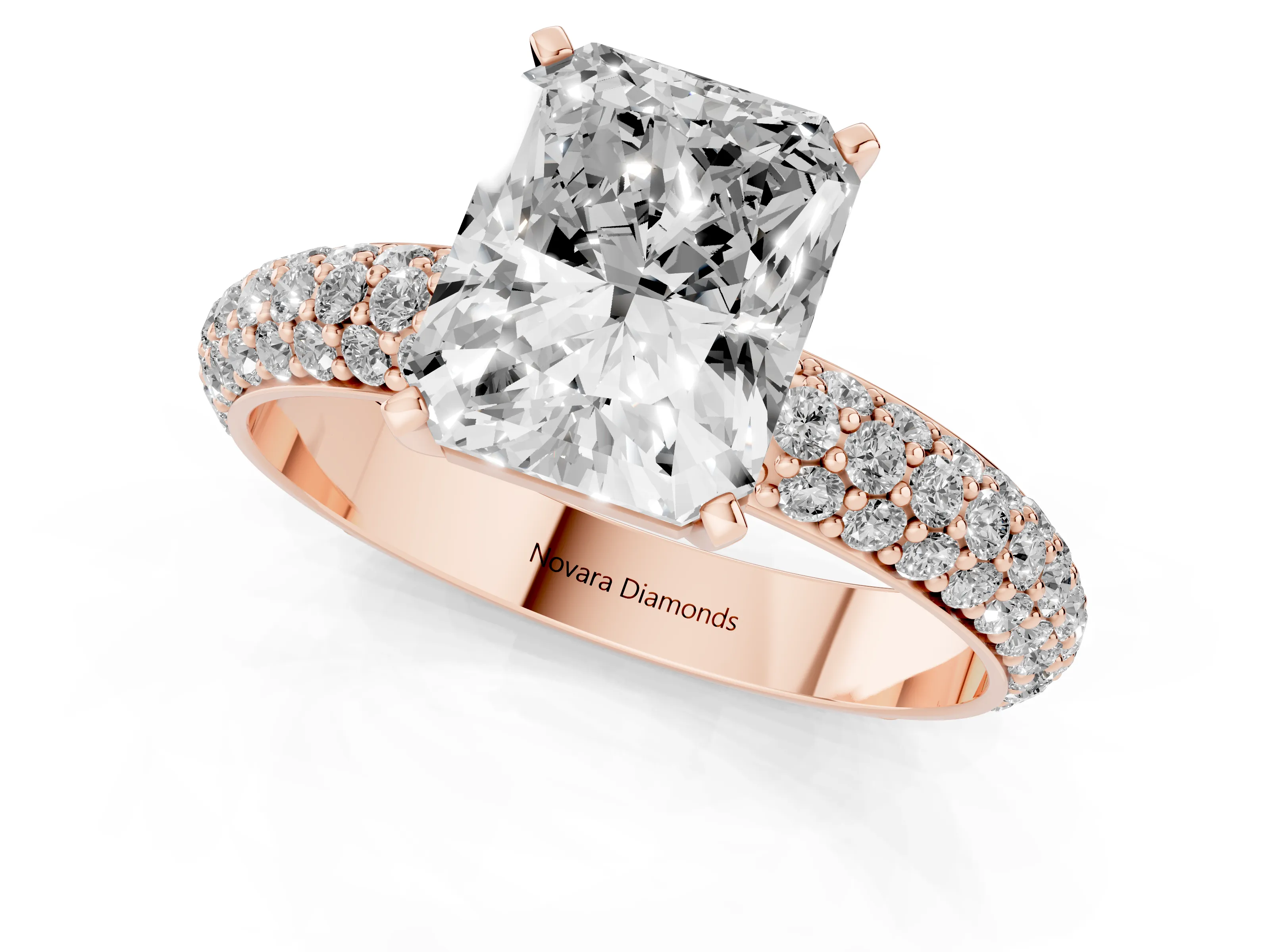 Radiant Cut Diamond Solitaire Ring Set in Rose gold with Prong Setting and Pavé-Set Band