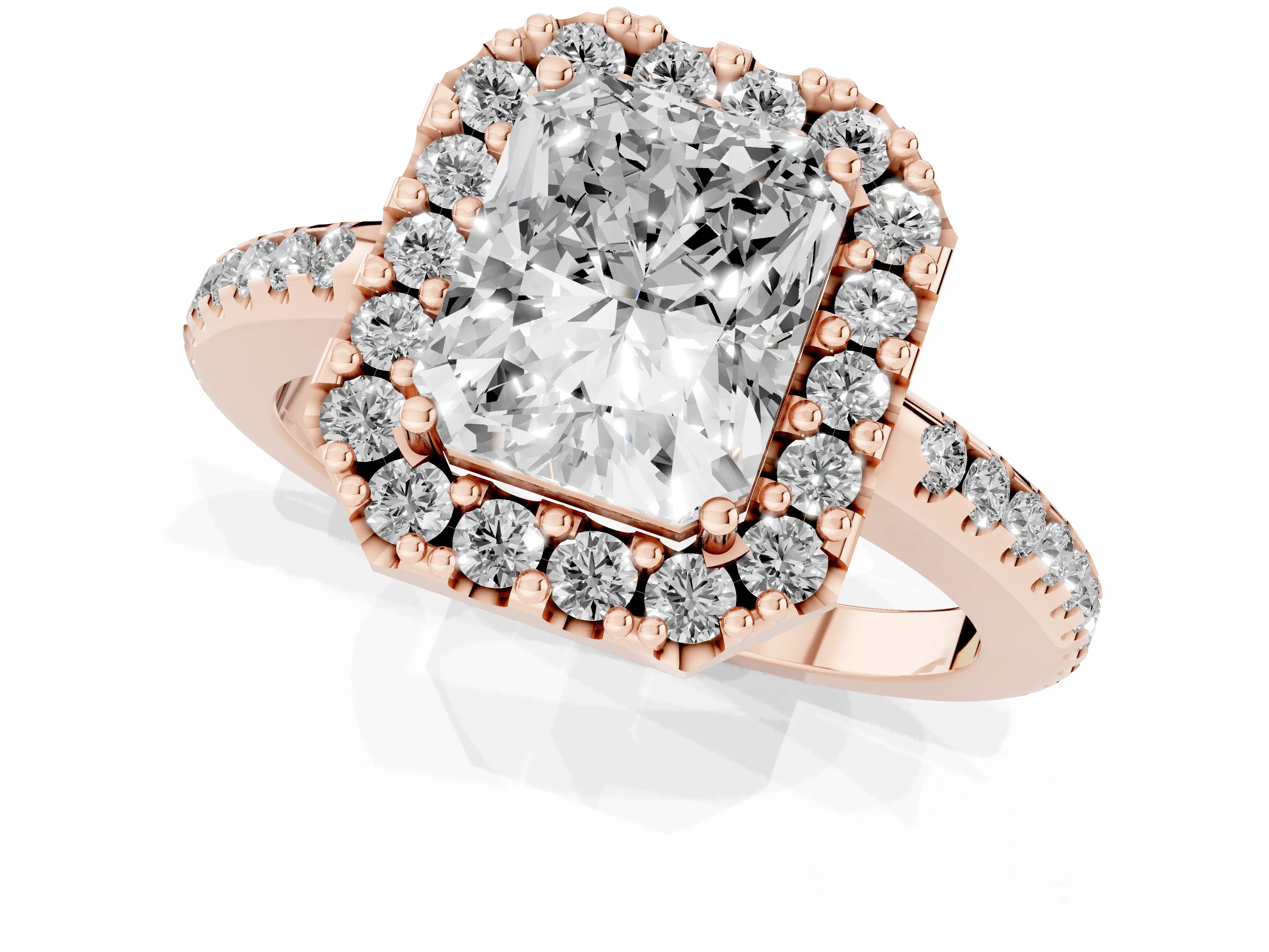 Radiant Cut Diamond Pavé Halo Ring Set in Rose gold with Prong Setting